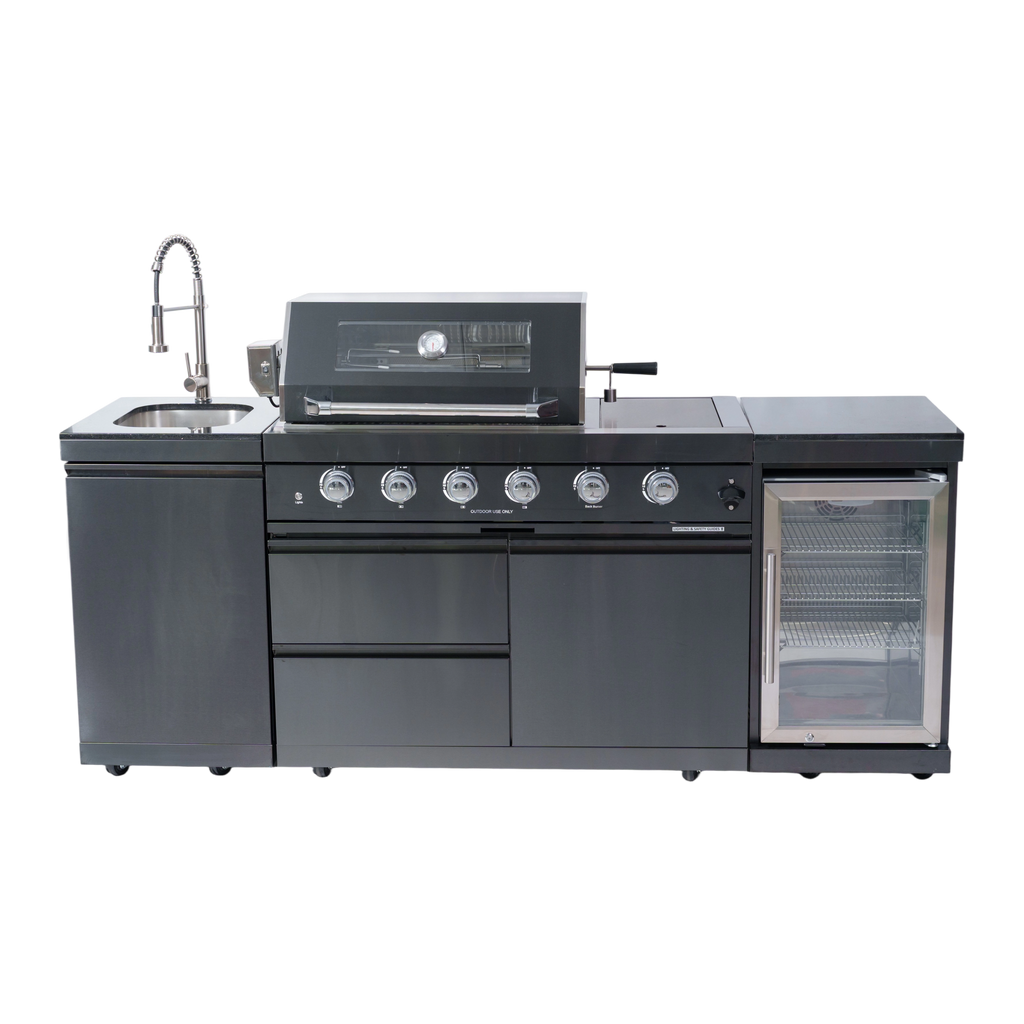 NG 85" 4-Burner 72,000 BTU Black Outdoor Kitchen Island Grill + Refrigerator + Sink