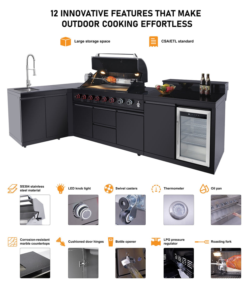 85.2" 4+1 Burner 71,500 BTU Black Outdoor Kitchen Island Grill+ Sink + Refrigerator