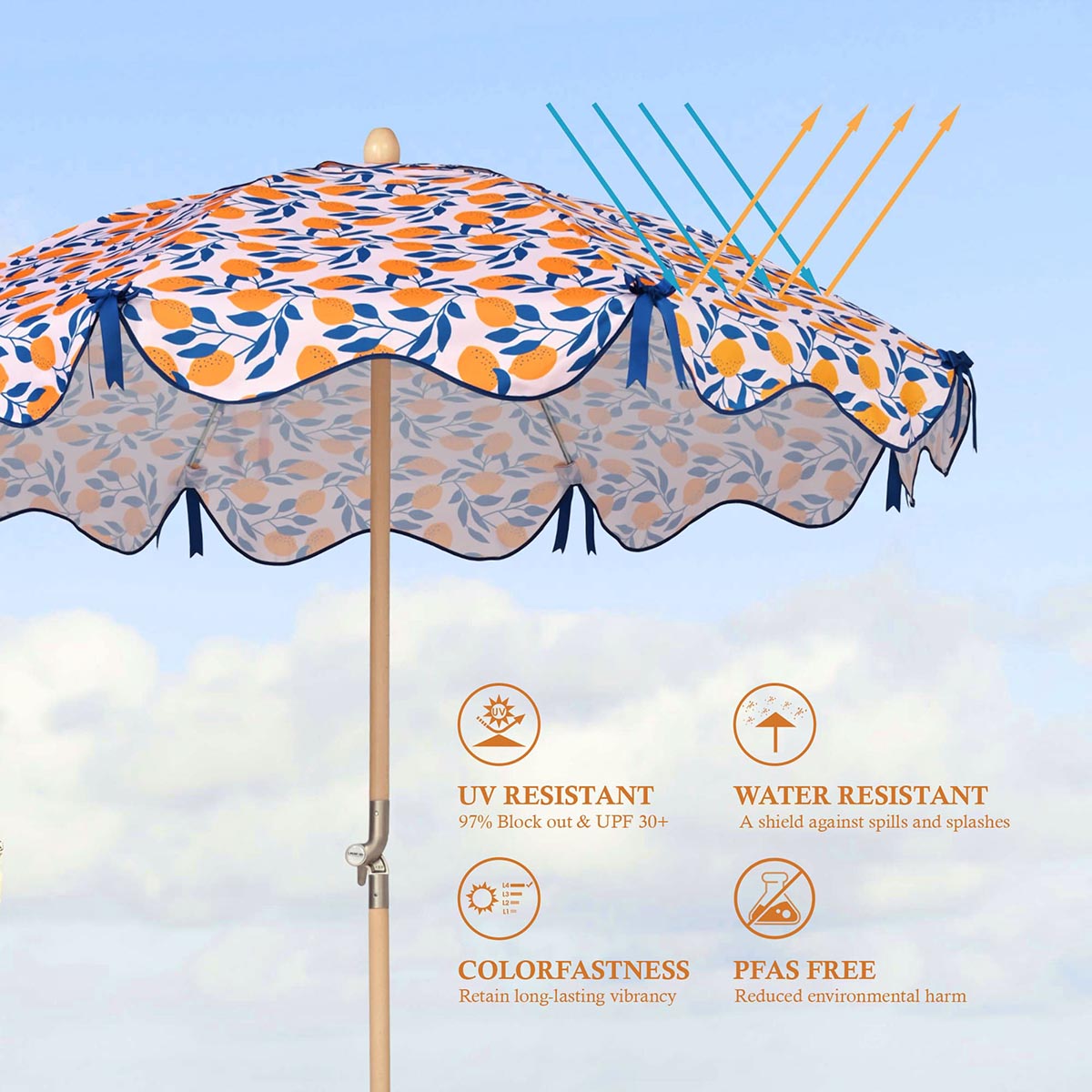 LAGarden 6ft Outdoor Patio Wood Market Umbrella Scalloped Edge 8-Rib