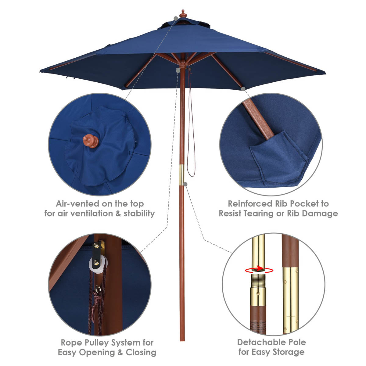 Yescom 7ft Patio Wood Market Umbrella 6-Rib for Golf Courses/Country Clubs