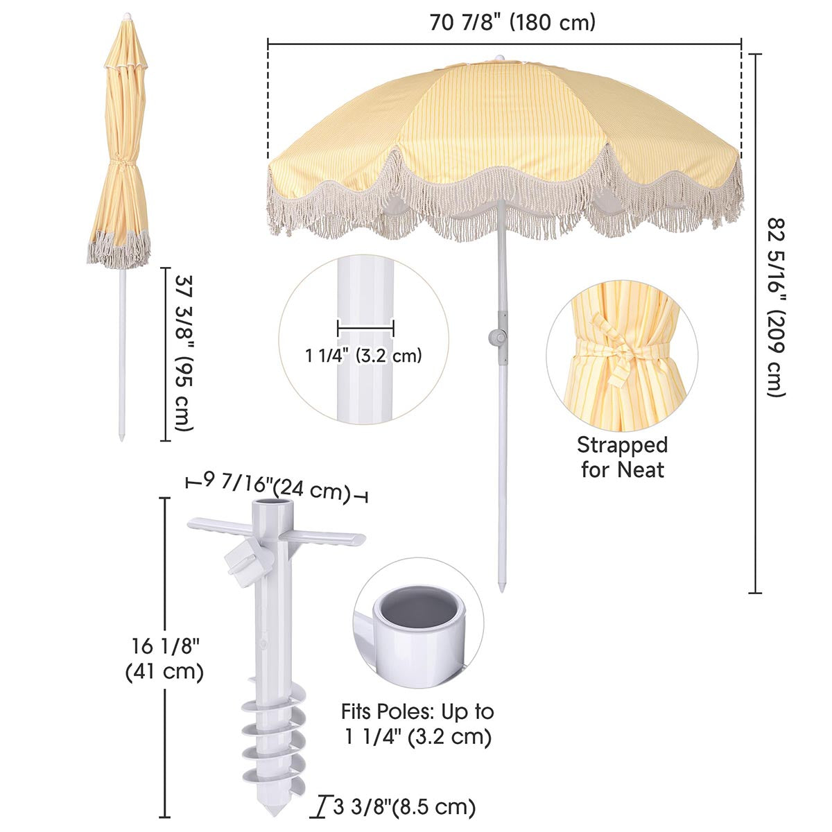 Yescom 6ft Fringe Patio Beach Umbrella with Corkscrew Anchor