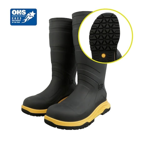 Men's Leader ENS Rubber Boot, Steel Toe, 15 in Height, Black/Yellow, 6