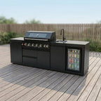 102" 6-Burner 85,000 BTU Black Outdoor Kitchen Island Grill + Refrigerator + Marble Countertops + Sink