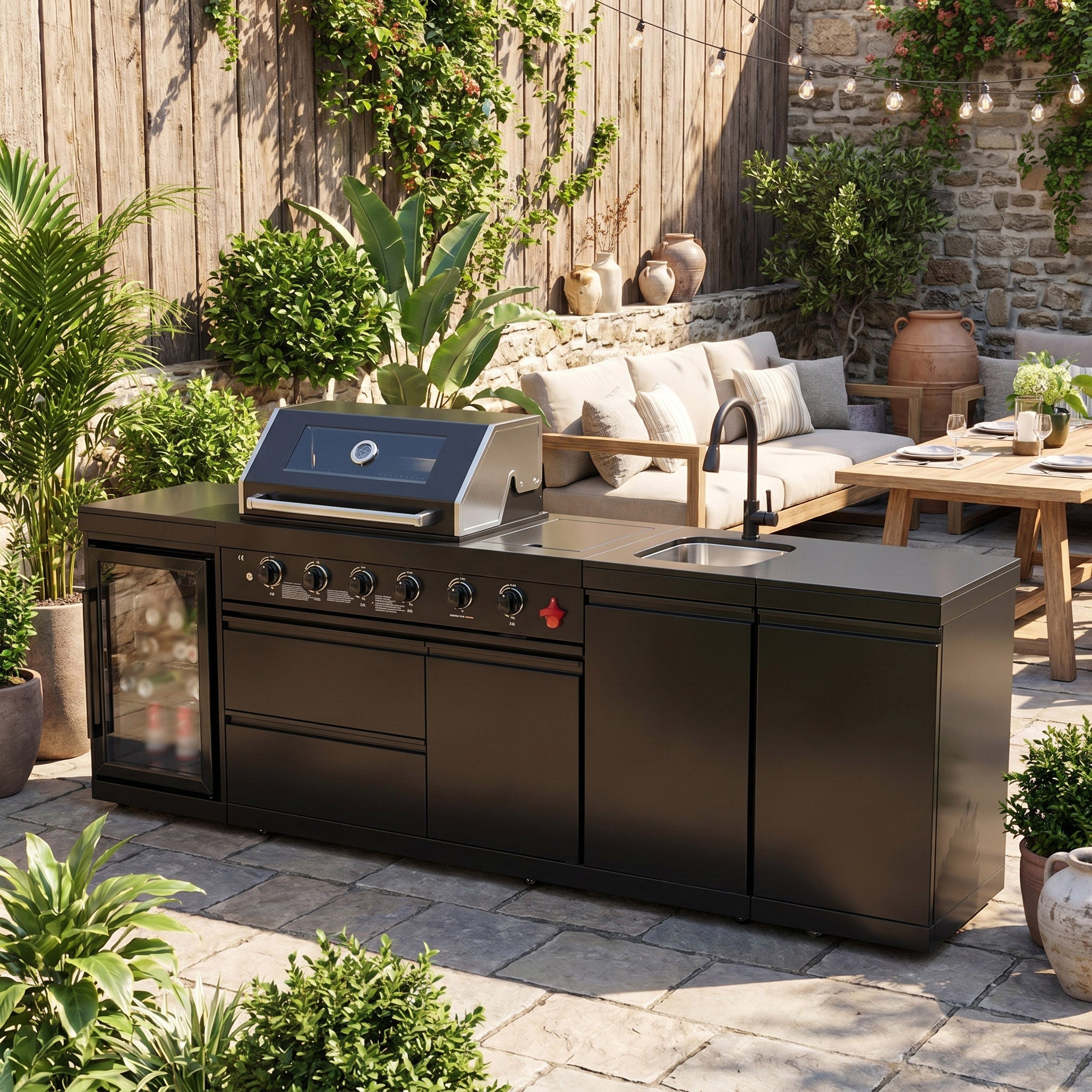 104" 4-Burner 72,000 BTU Black Outdoor Kitchen Bar Barbecue Island Grill + Wine Cooler + Sink