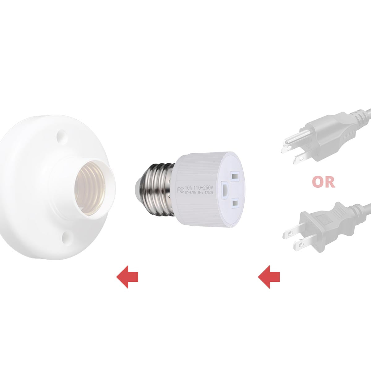 Yescom Light Bulb Plug Adapter Convert E26/E27 to 2/3-Prong Outlet 2ct/pk