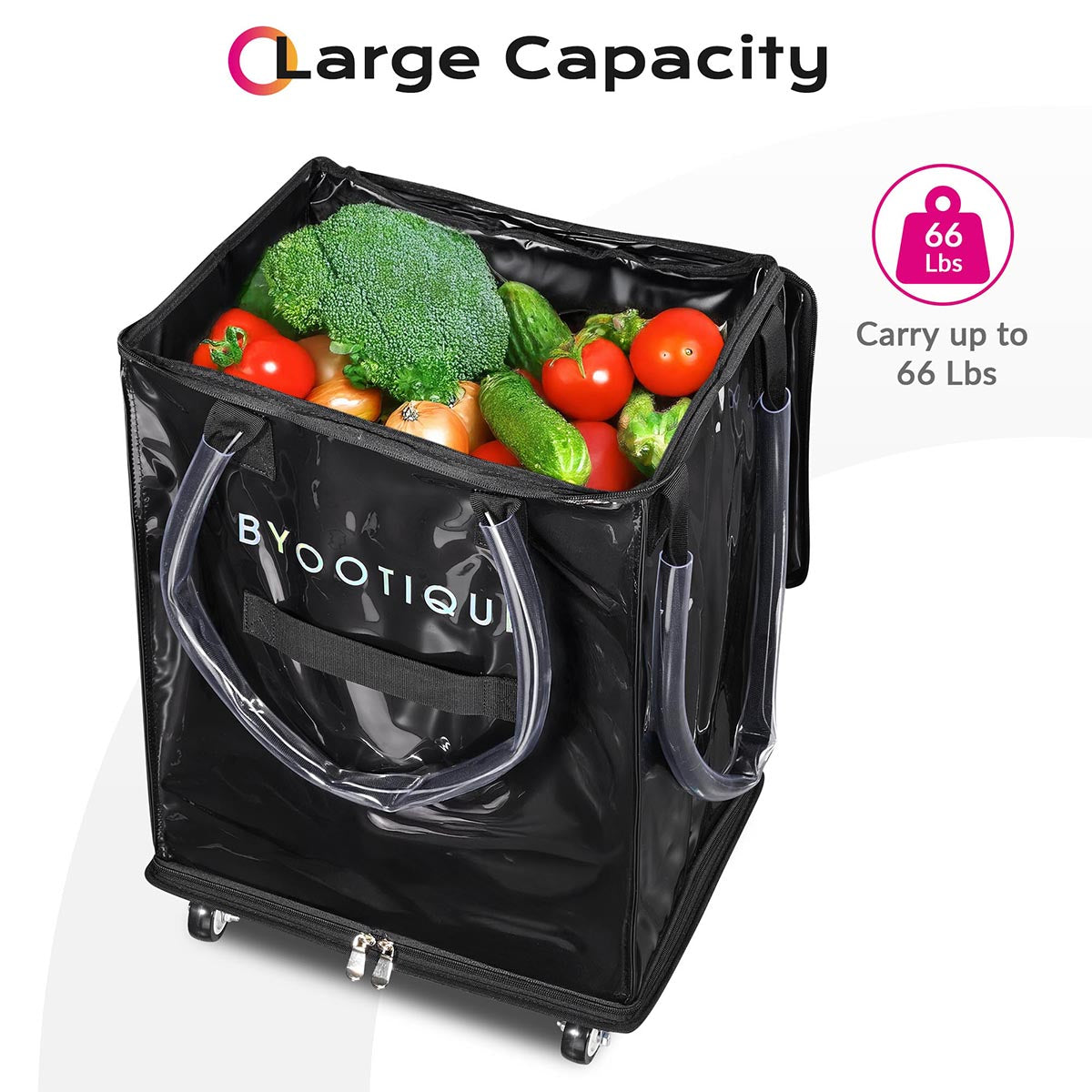 Byootique Shopper Bag with (5)Wheels & (3)Handles Rolling Grocery Tote
