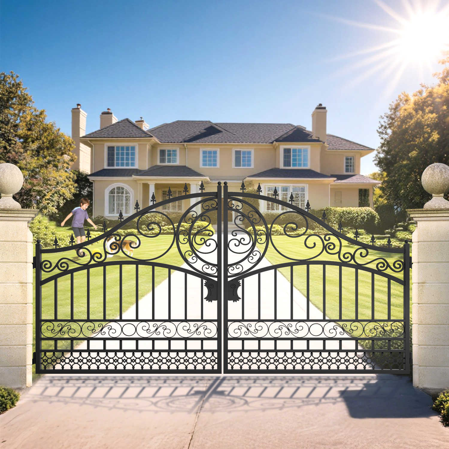 14x8 ft Steel Dual Swing Driveway Gate-European Style