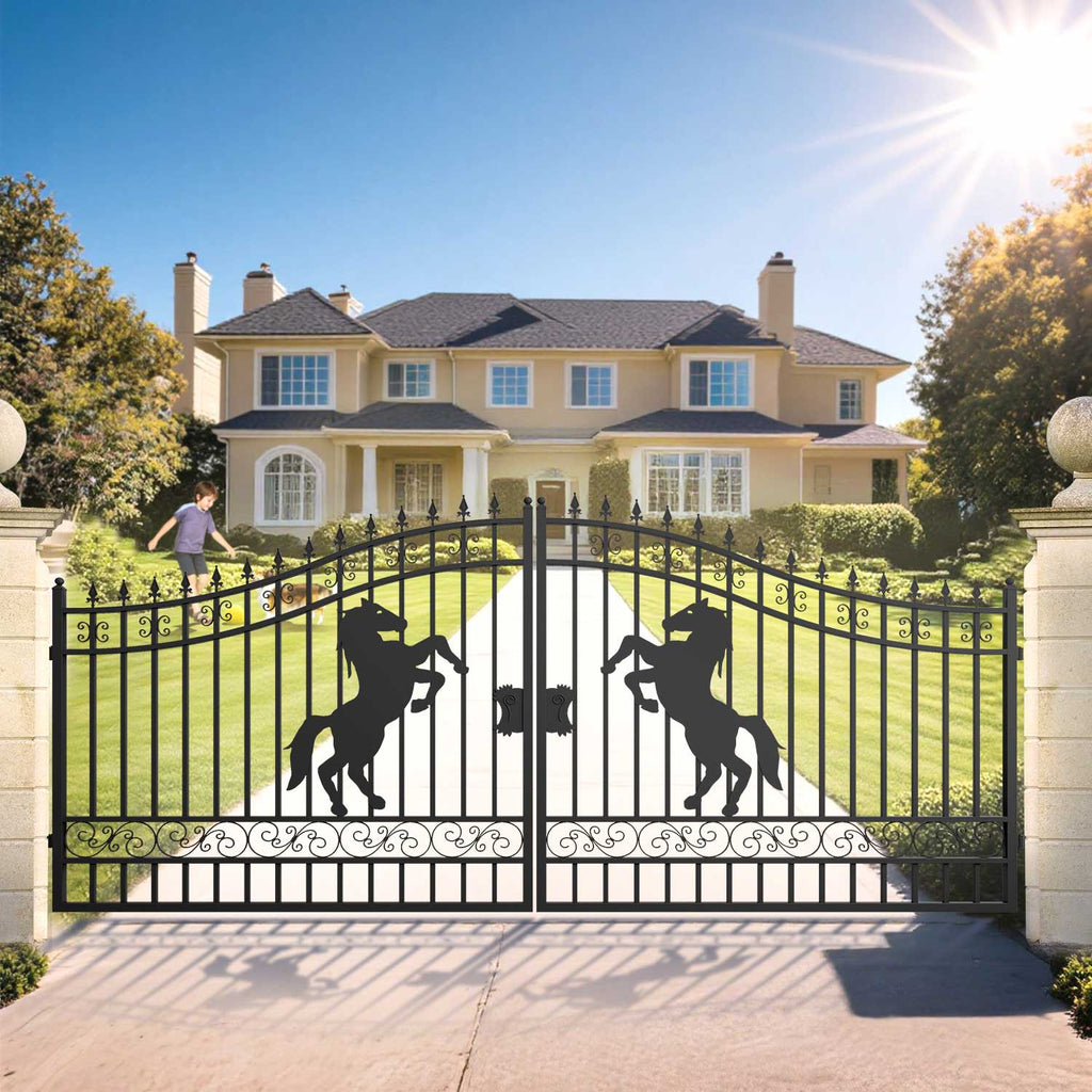 16x7 ft Steel Dual Swing Driveway Gate with Horse Pattern