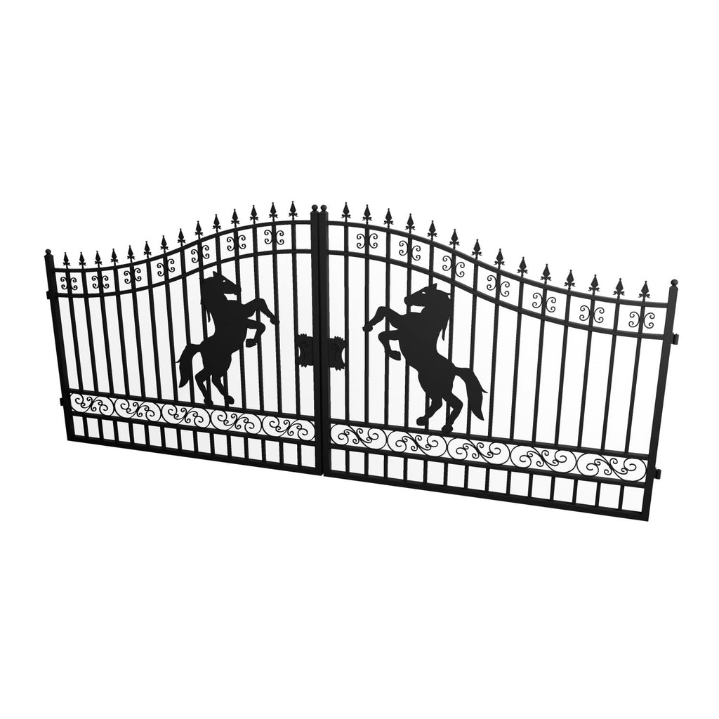 16x7 ft Steel Dual Swing Driveway Gate with Horse Pattern