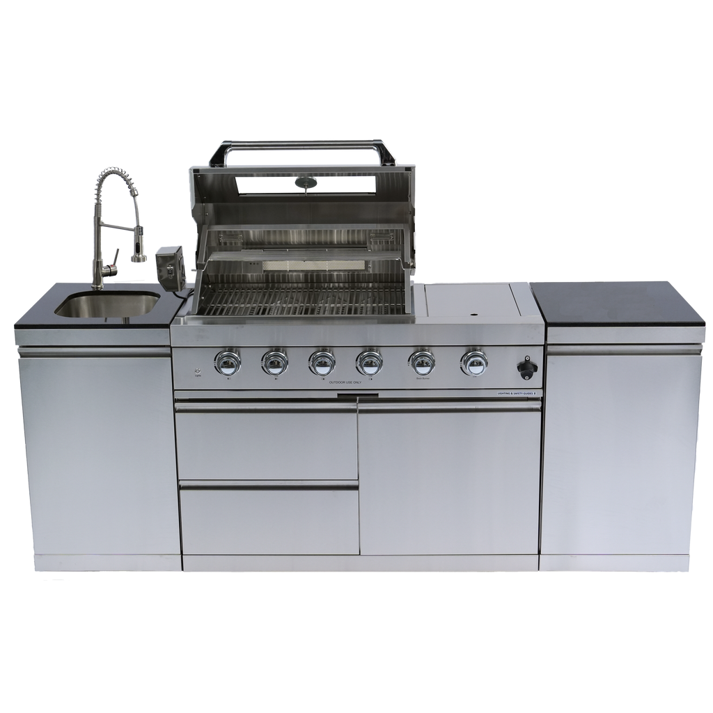 NG 85" 4-Burner 72,000 BTU Silver Outdoor Kitchen Island Grill + Side B & Storage Cabinets & Sink