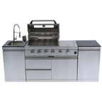 NG 85" 4-Burner 72,000 BTU Silver Outdoor Kitchen Island Grill + Side B & Storage Cabinets & Sink