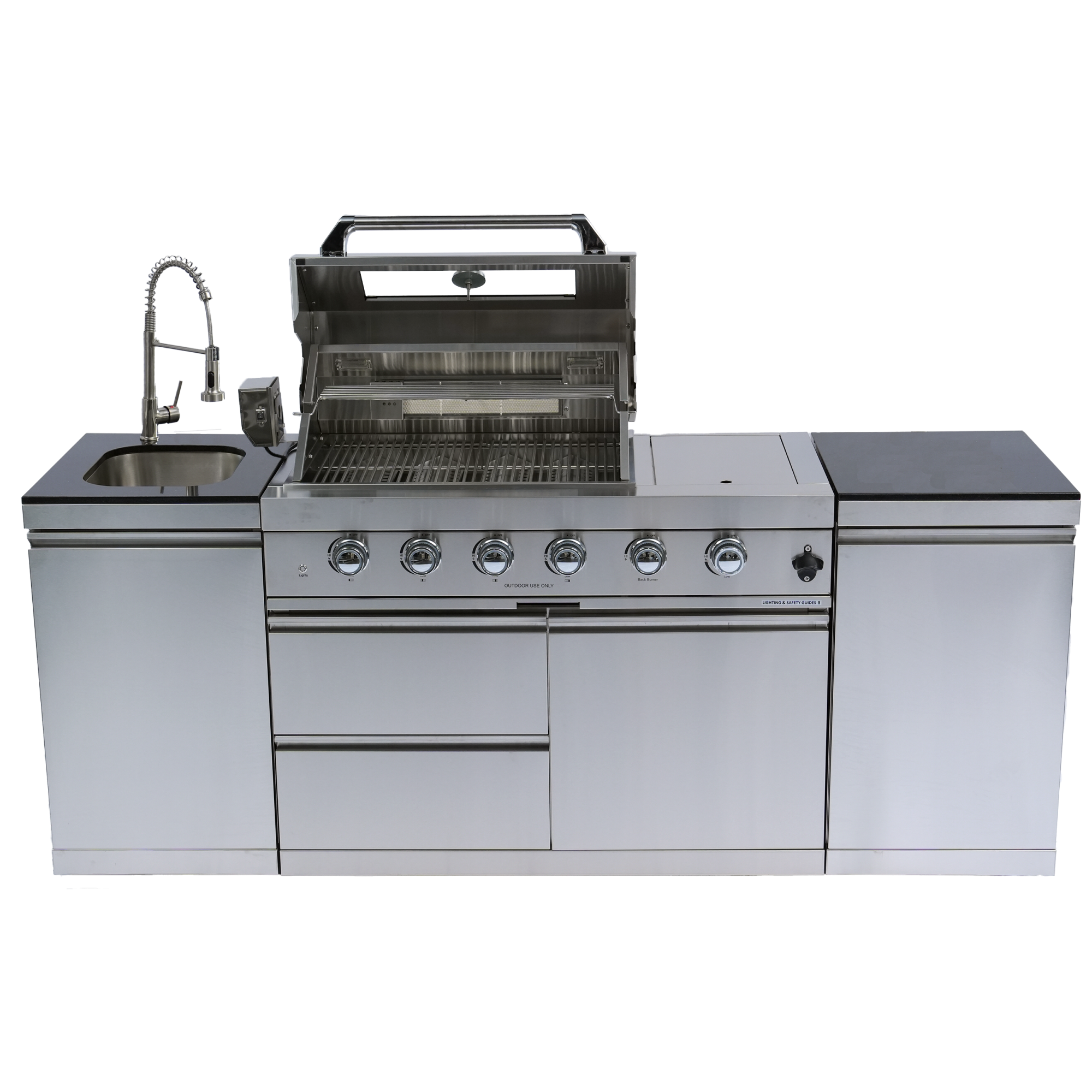 NG 85" 4-Burner 72,000 BTU Silver Outdoor Kitchen Island Grill + Side B & Storage Cabinets & Sink