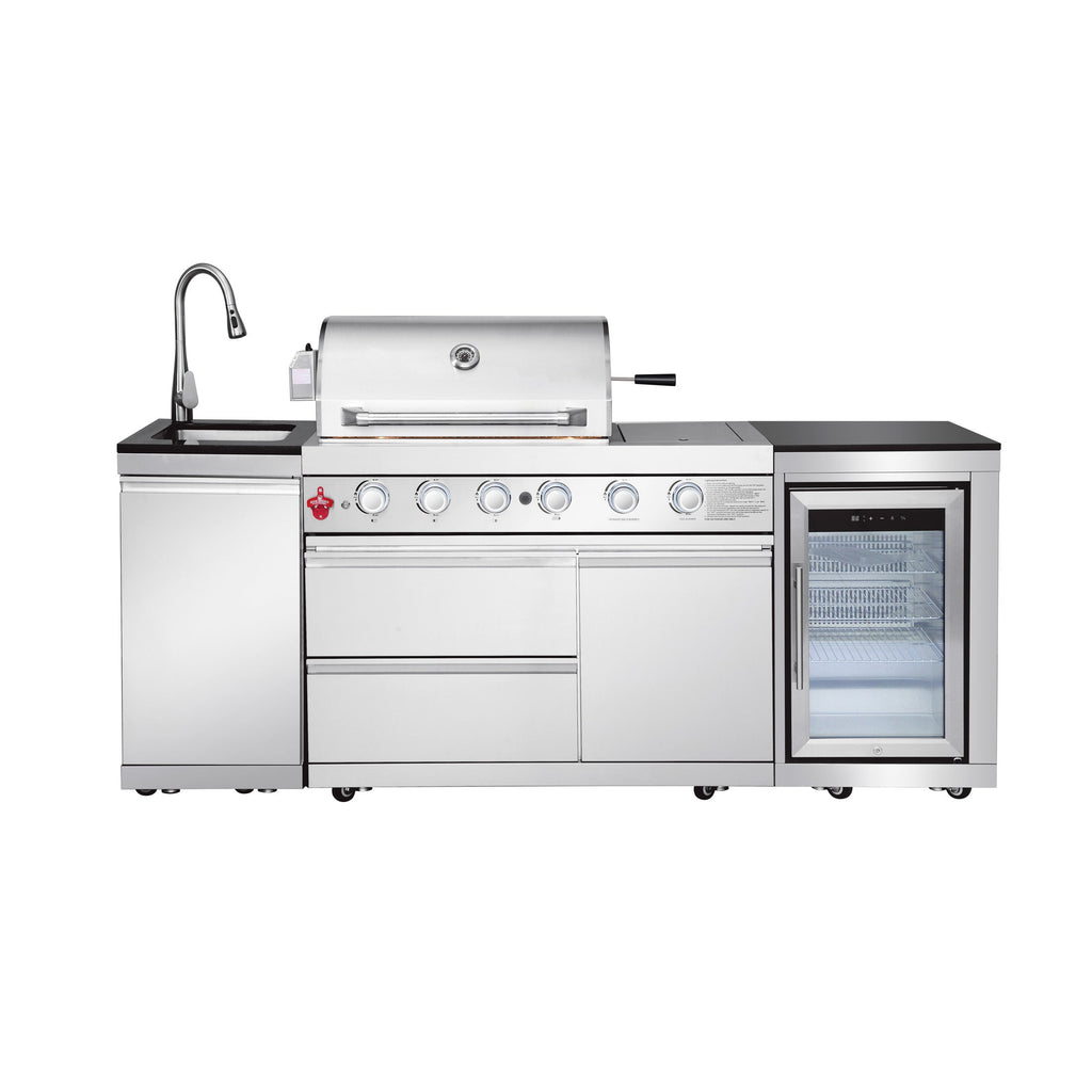 85.2" 4+1 Burner 71500 BTU Silver Outdoor Kitchen Island Grill + Sink + Refrigerator