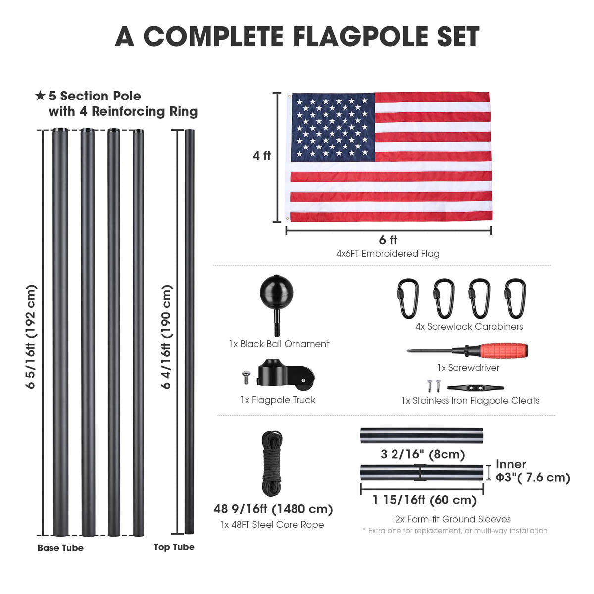 Yescom Bravery Plus 10Gauge All-Aluminum Flagpole Kit 30ft