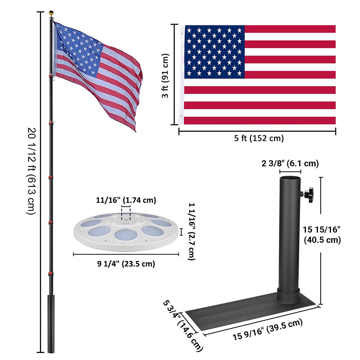 Yescom EZ GO Telescopic Flagpole with Light & Tire Mount