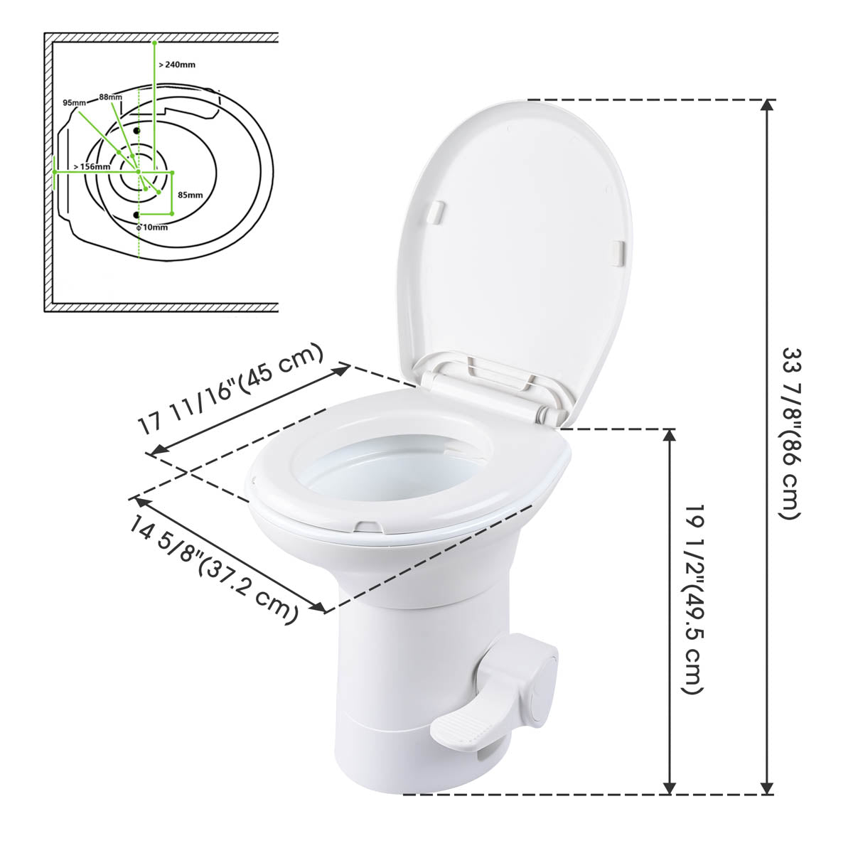 Yescom 20" RV Toilet with Elongated Bowl No Splash-Back