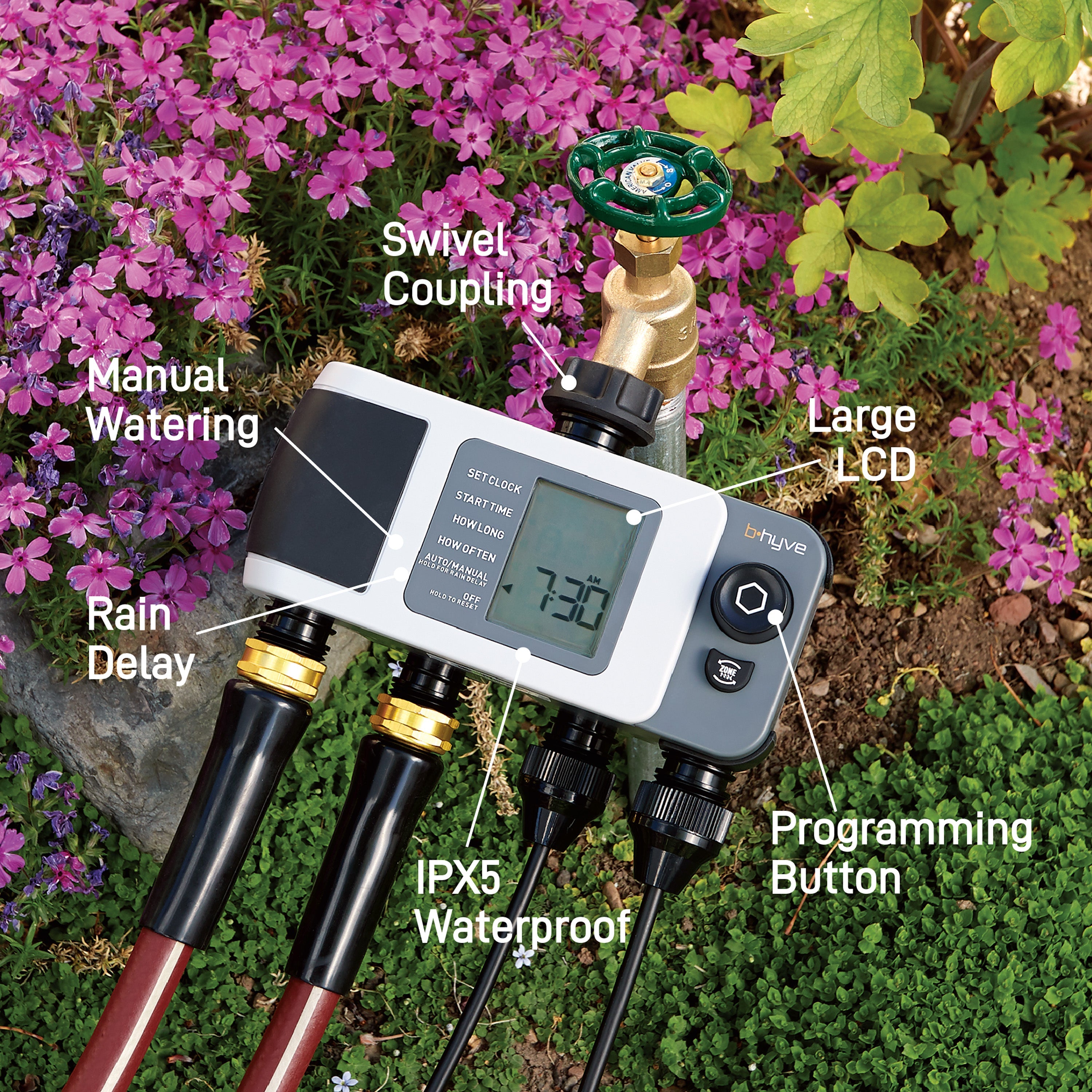B-hyve XD Bluetooth 4-Outlet Hose Faucet Timer w/Hub 24639