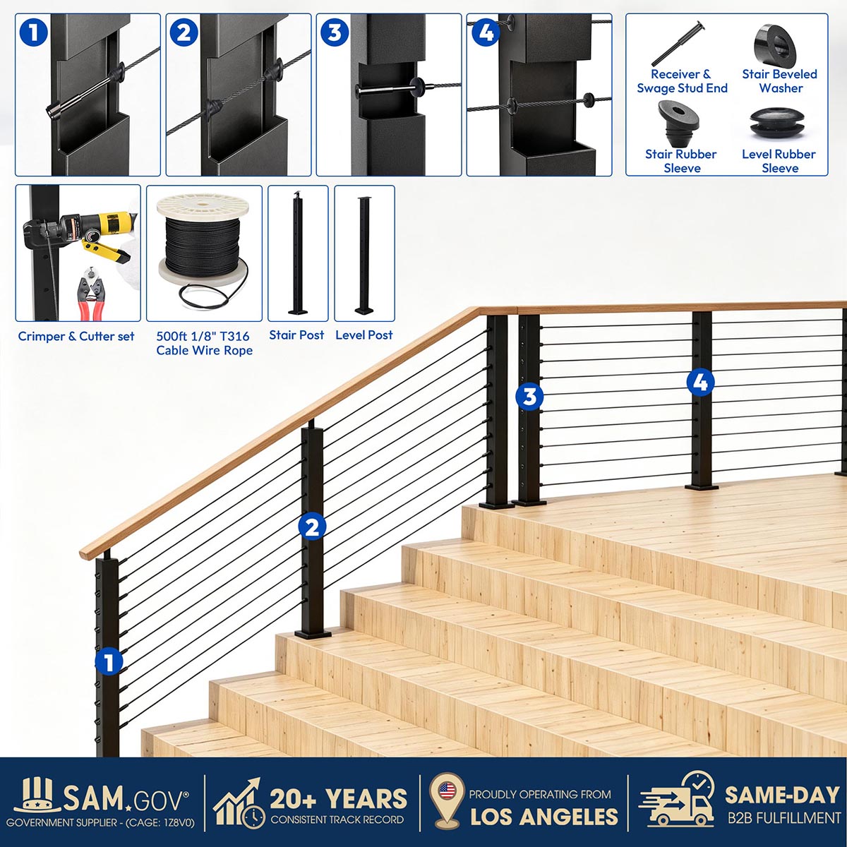 Yescom 36in T304 Stainless Steel Cable Railing Corner Post (2x2, 16G)