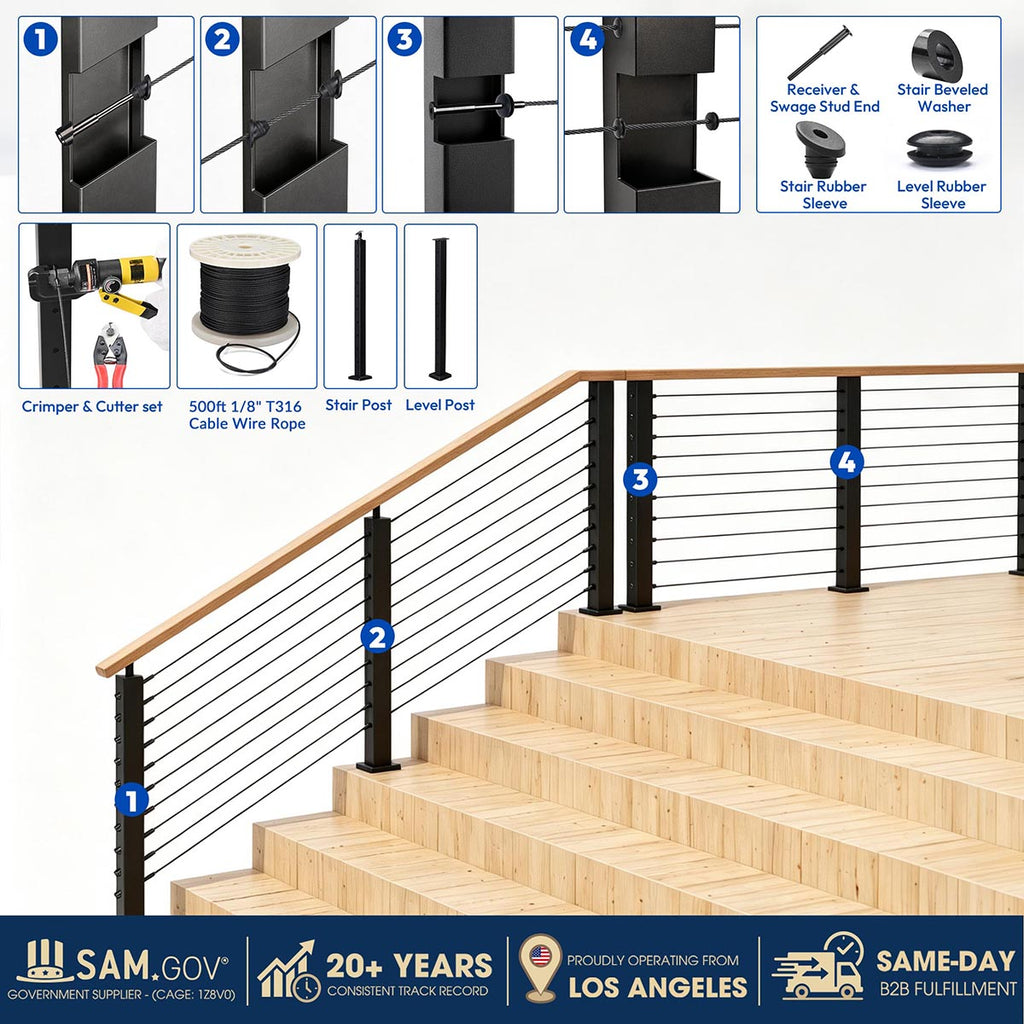Yescom 36in T304 Stainless Steel Cable Railing Level Post (2x2, 16G)