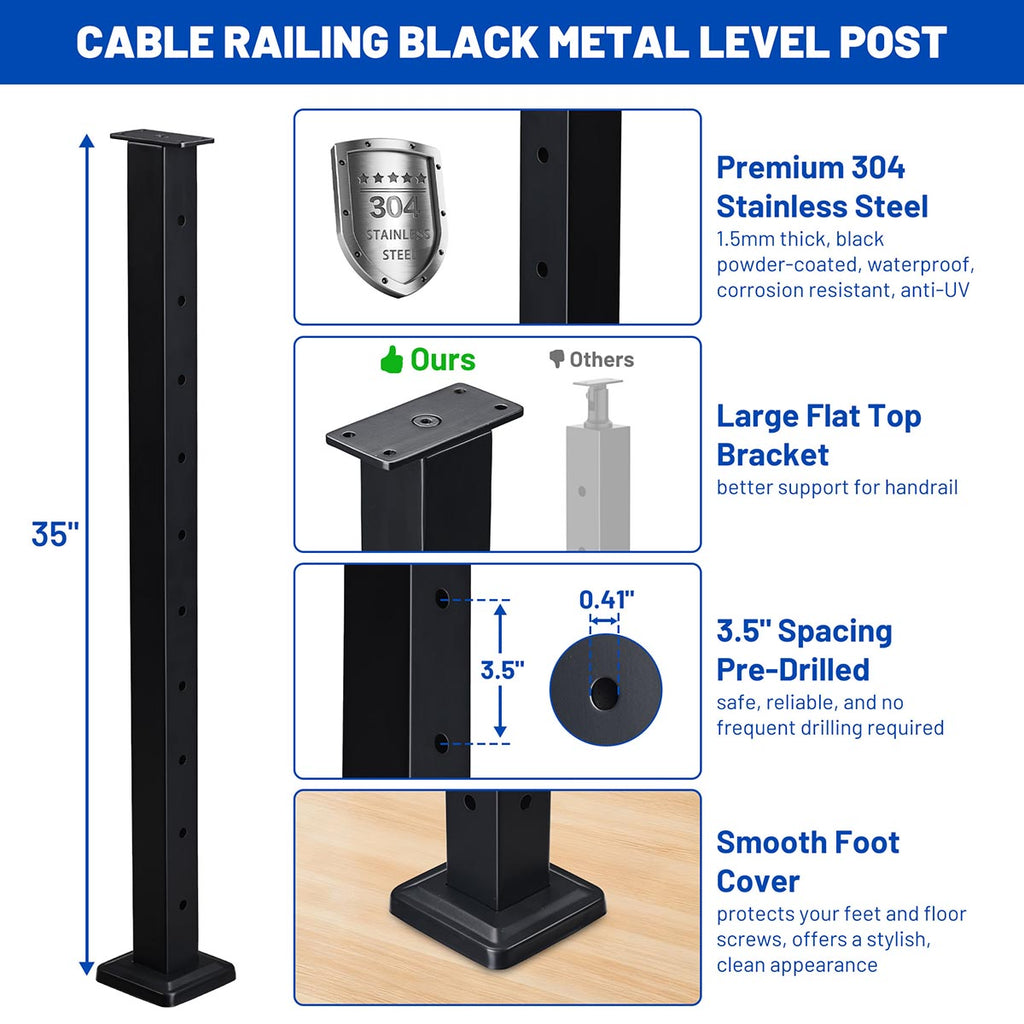 Yescom 36in T304 Stainless Steel Cable Railing Level Post (2x2, 16G)