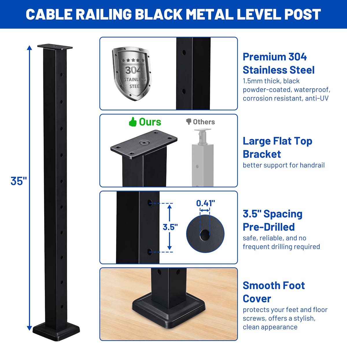 Yescom 36in T304 Stainless Steel Cable Railing Level Post (2x2, 16G)