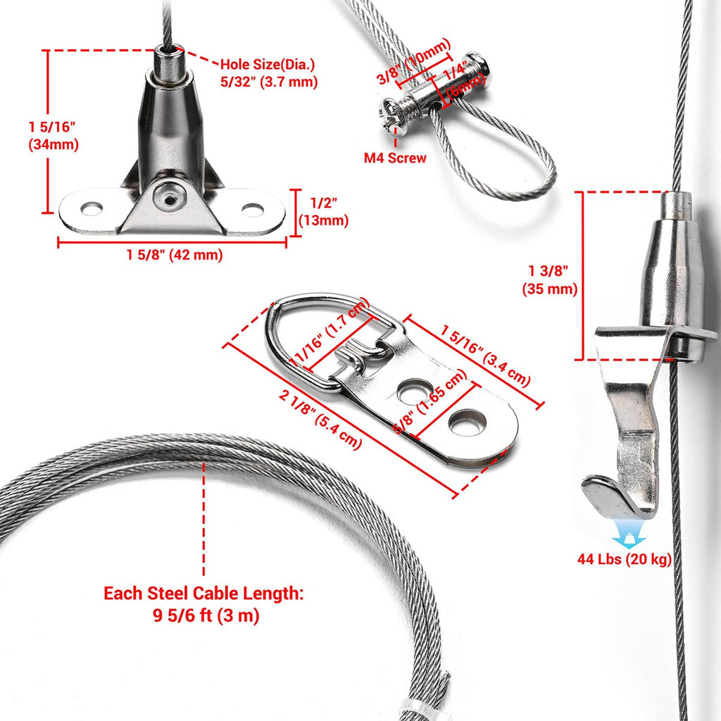 Yescom Nailless Picture Hanging Kit (2x 3m 304 1.5mm Cable & Adj. Hooks)