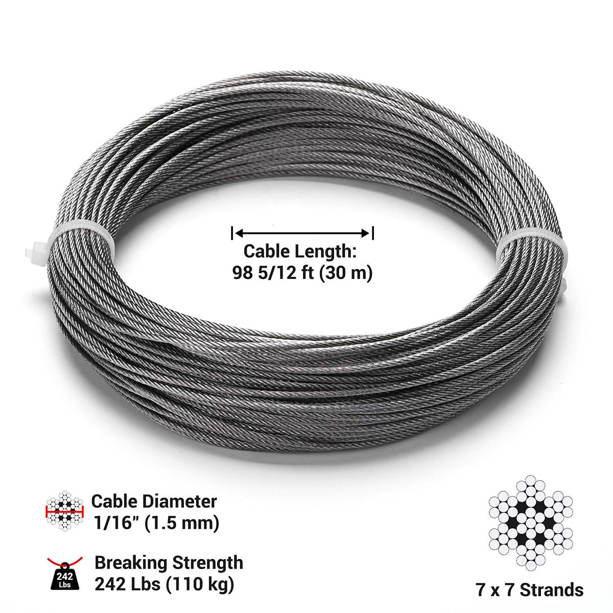 Yescom 1.5mm Wire Rope Type 304 Stainless Steel, 7x7, 1/16"x100'