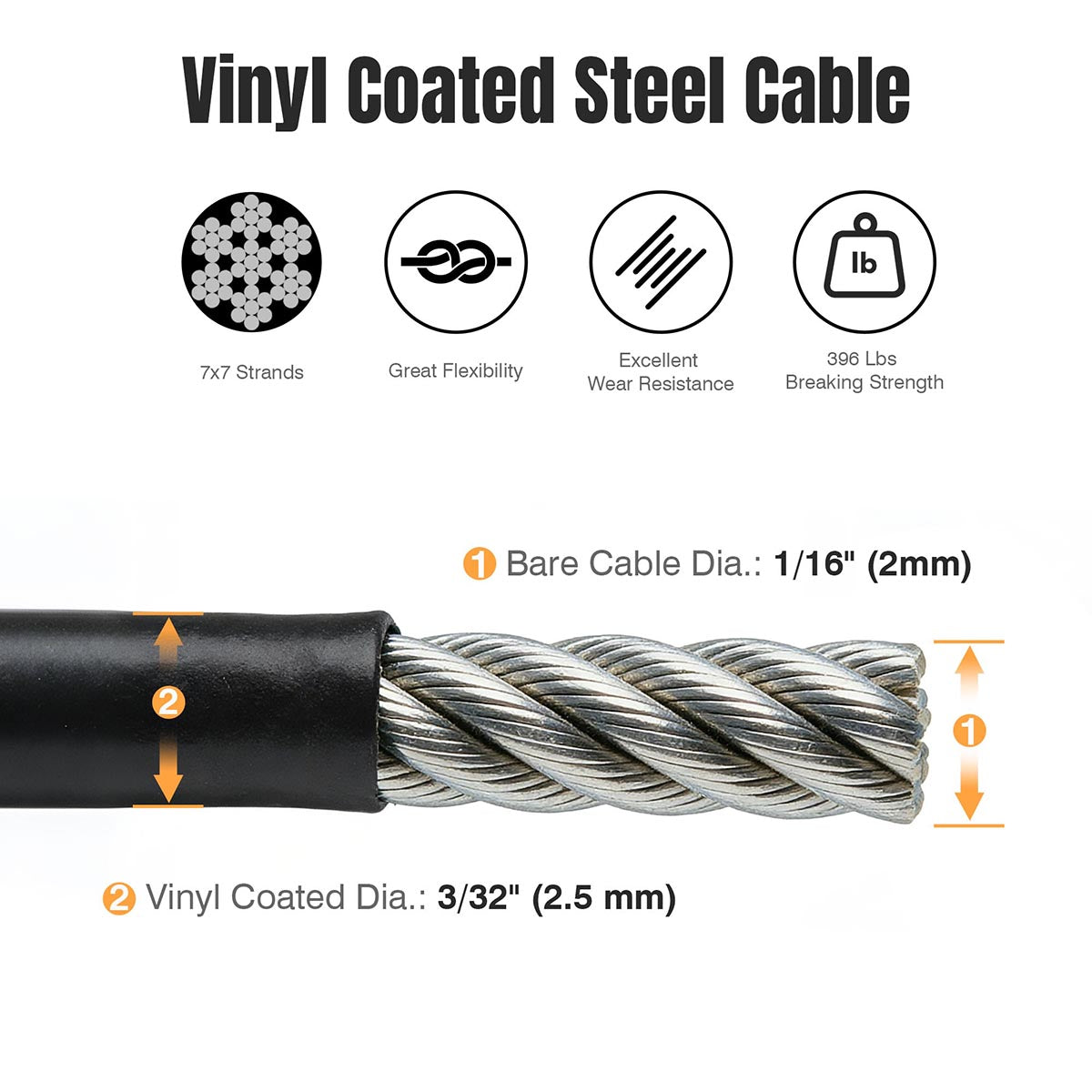 Yescom 2.5mm T304 Stainless Steel Wire Rope w Fasteners, 7x7, 240' - (4x)60'