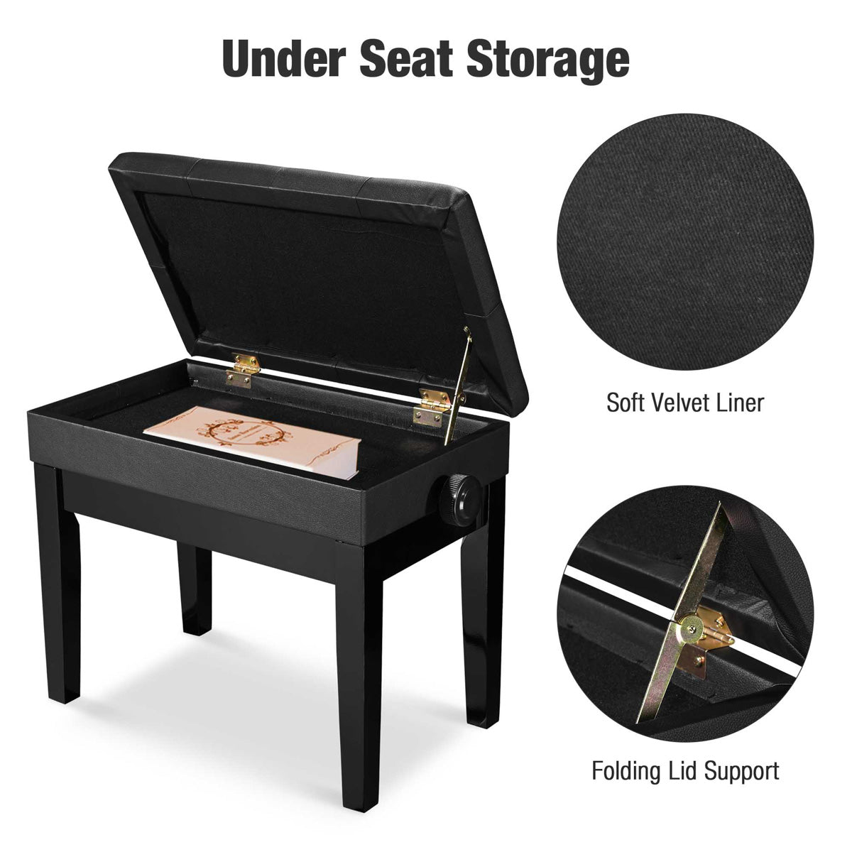 Yescom Piano Bench Leather Seat Adjustable-Height w/ Storage