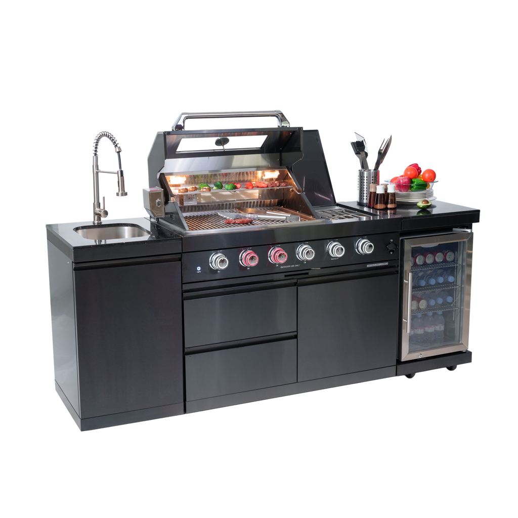 NG 85" 4-Burner 72,000 BTU Black Outdoor Kitchen Island Grill + Refrigerator + Sink