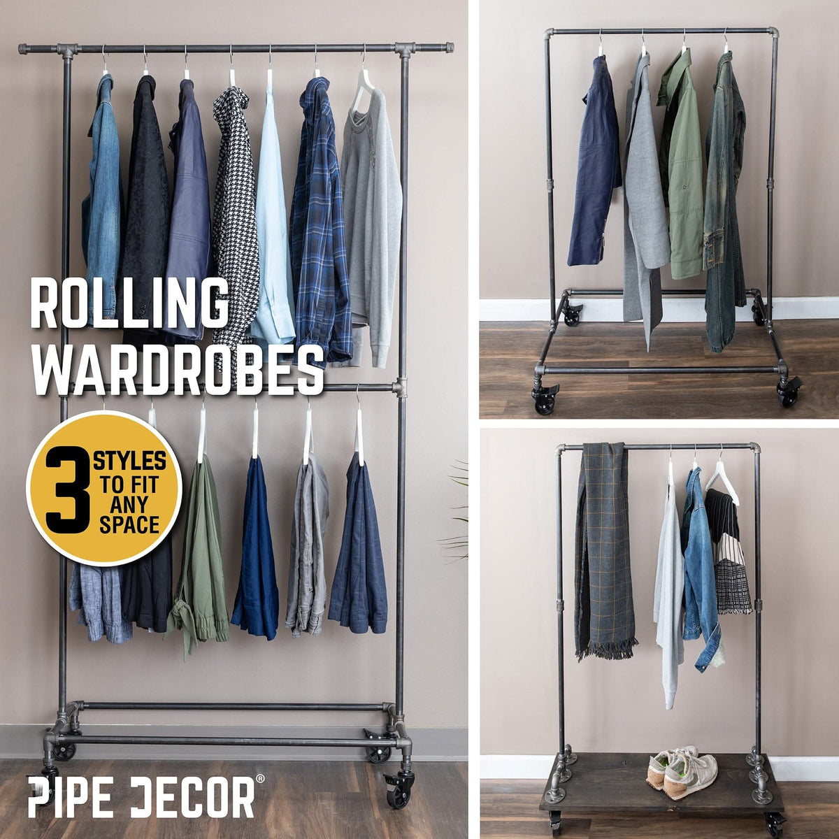 58 in. Rolling Single Rod Clothing Rack
