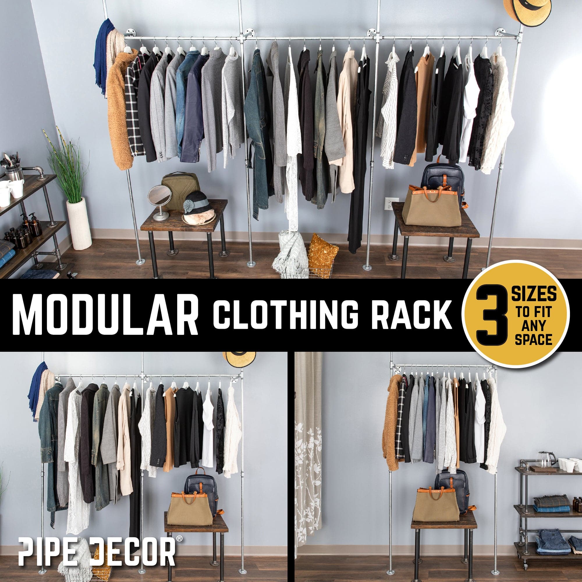 115 in. Galvanized Wall Mounted Clothing Rack, Triple