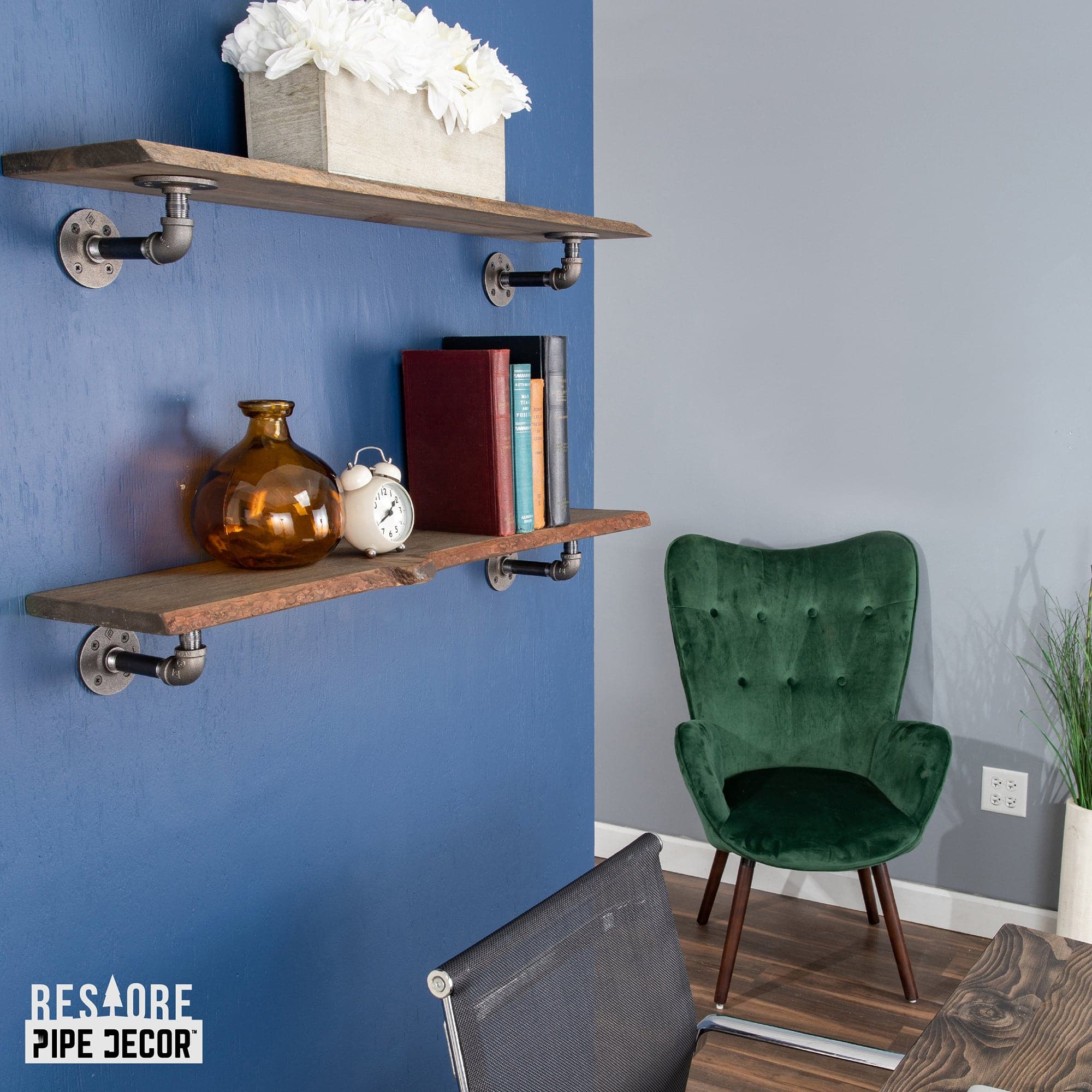 36” Boulder Black Live Edge Wood Shelf with L-Shaped Pipe Brackets (2-Pack)