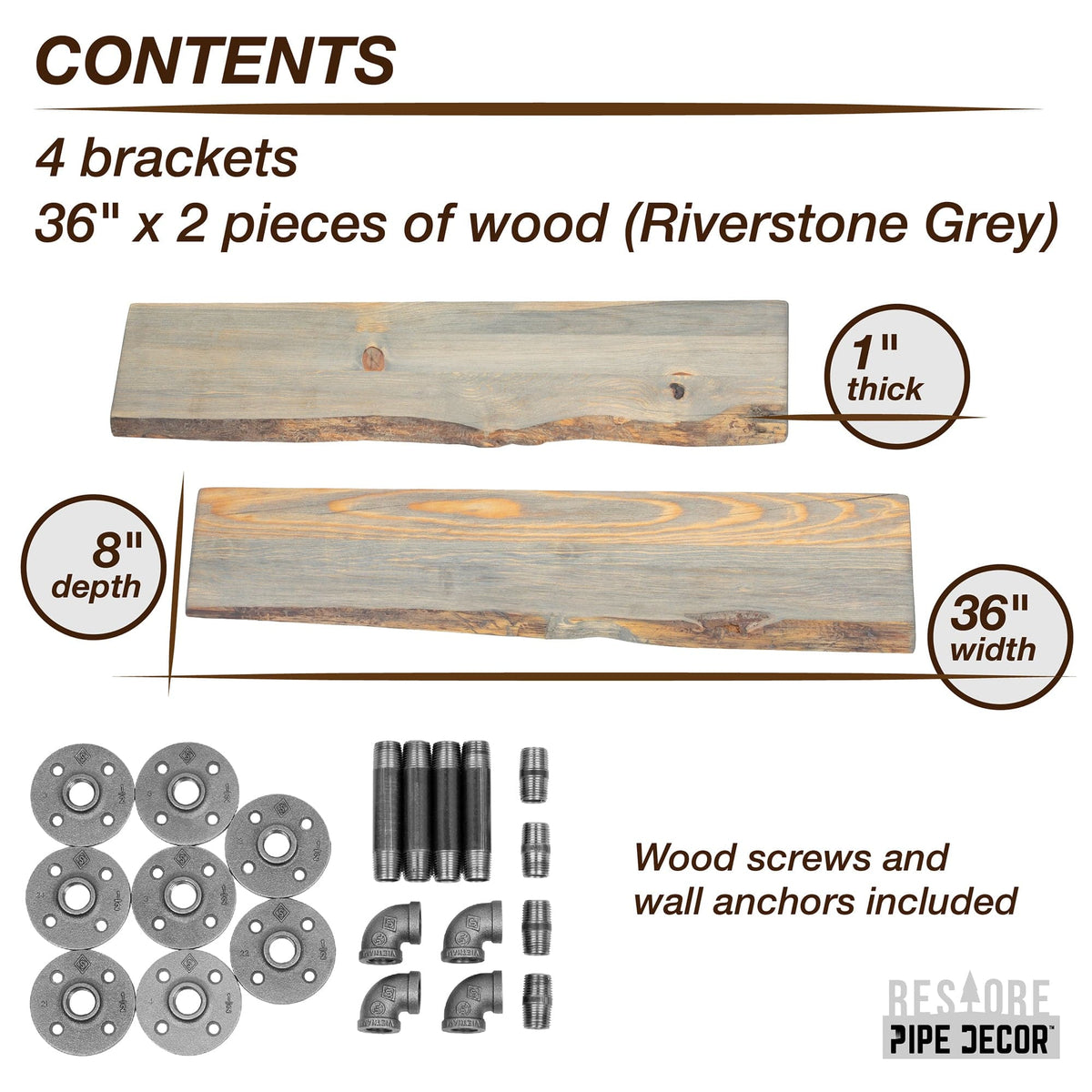 36” Riverstone Grey Live Edge Wood Shelf with L-Shaped Pipe Brackets (2-Pack)