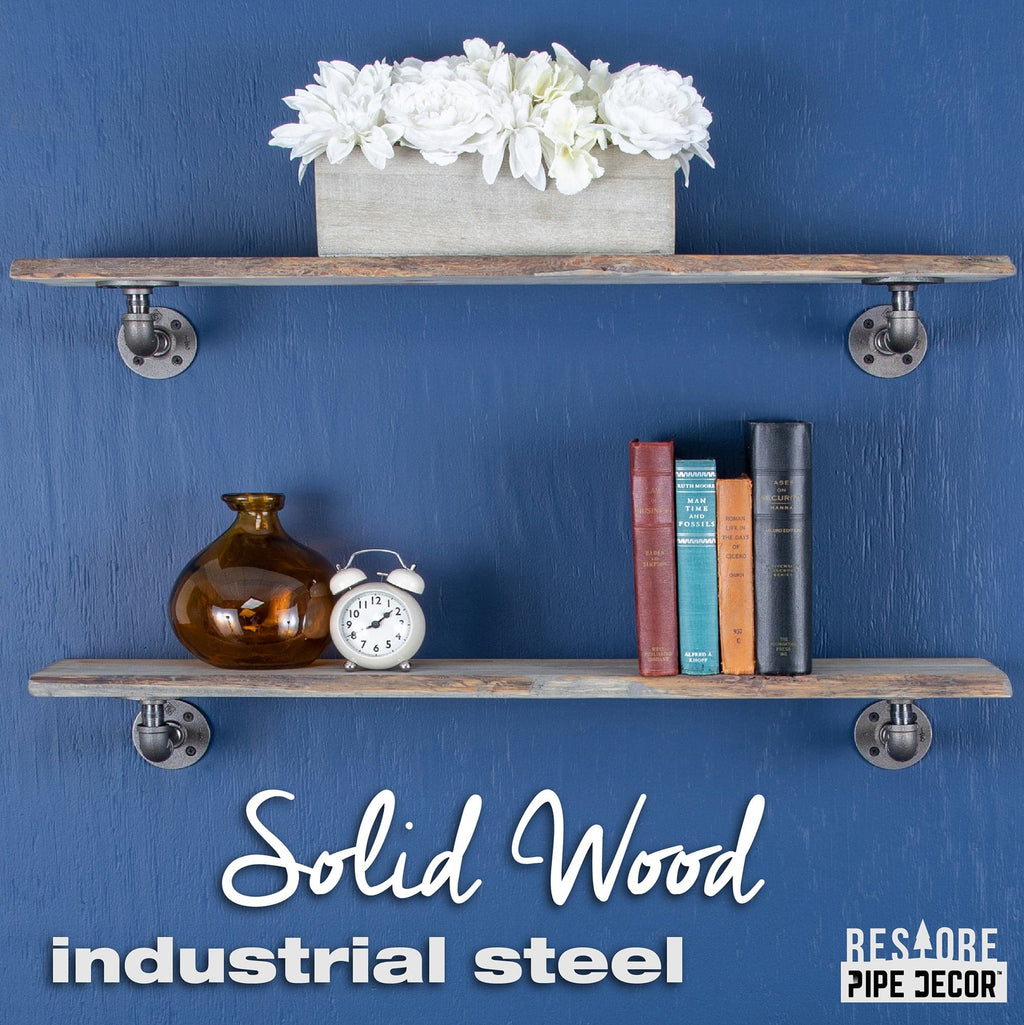 36” Riverstone Grey Live Edge Wood Shelf with L-Shaped Pipe Brackets (2-Pack)