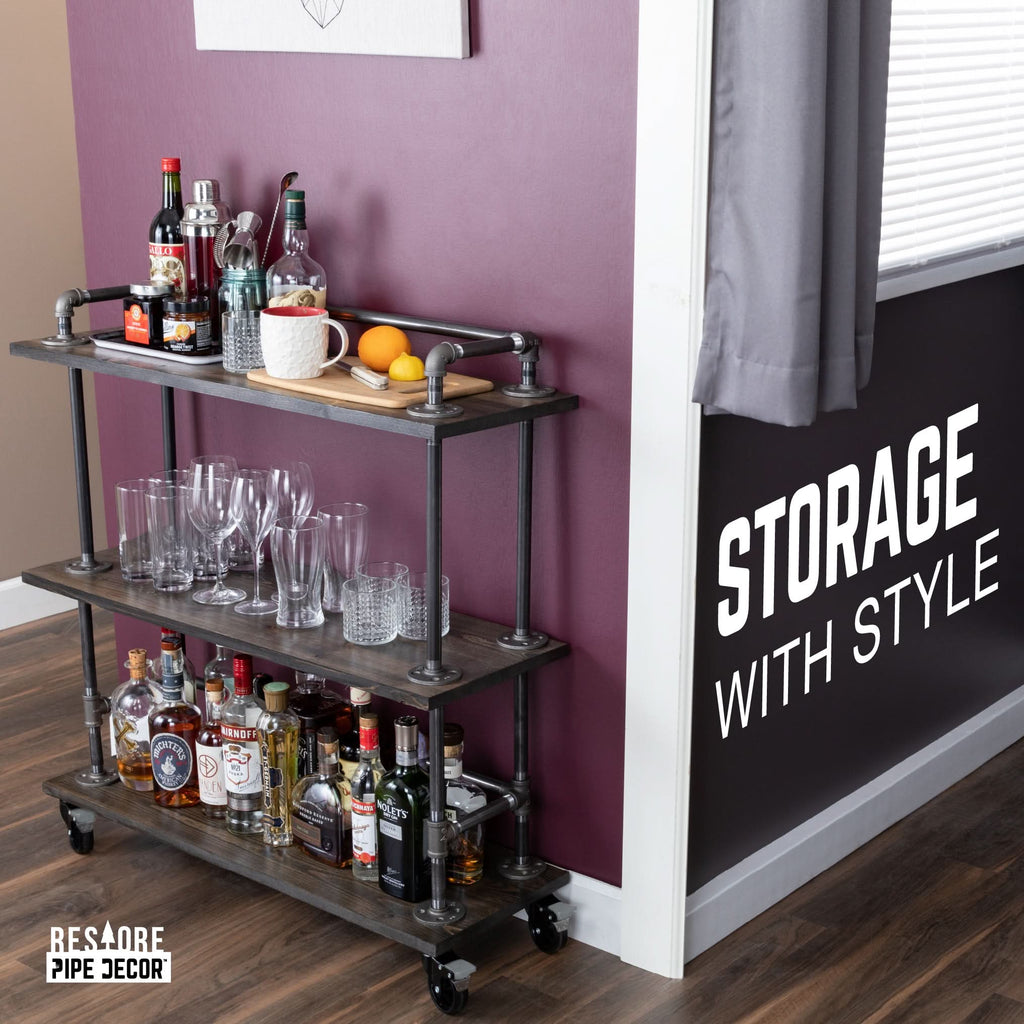 Three-tier Wood Shelf Industrial Bar Cart with Locking Wheels, Trail Brown