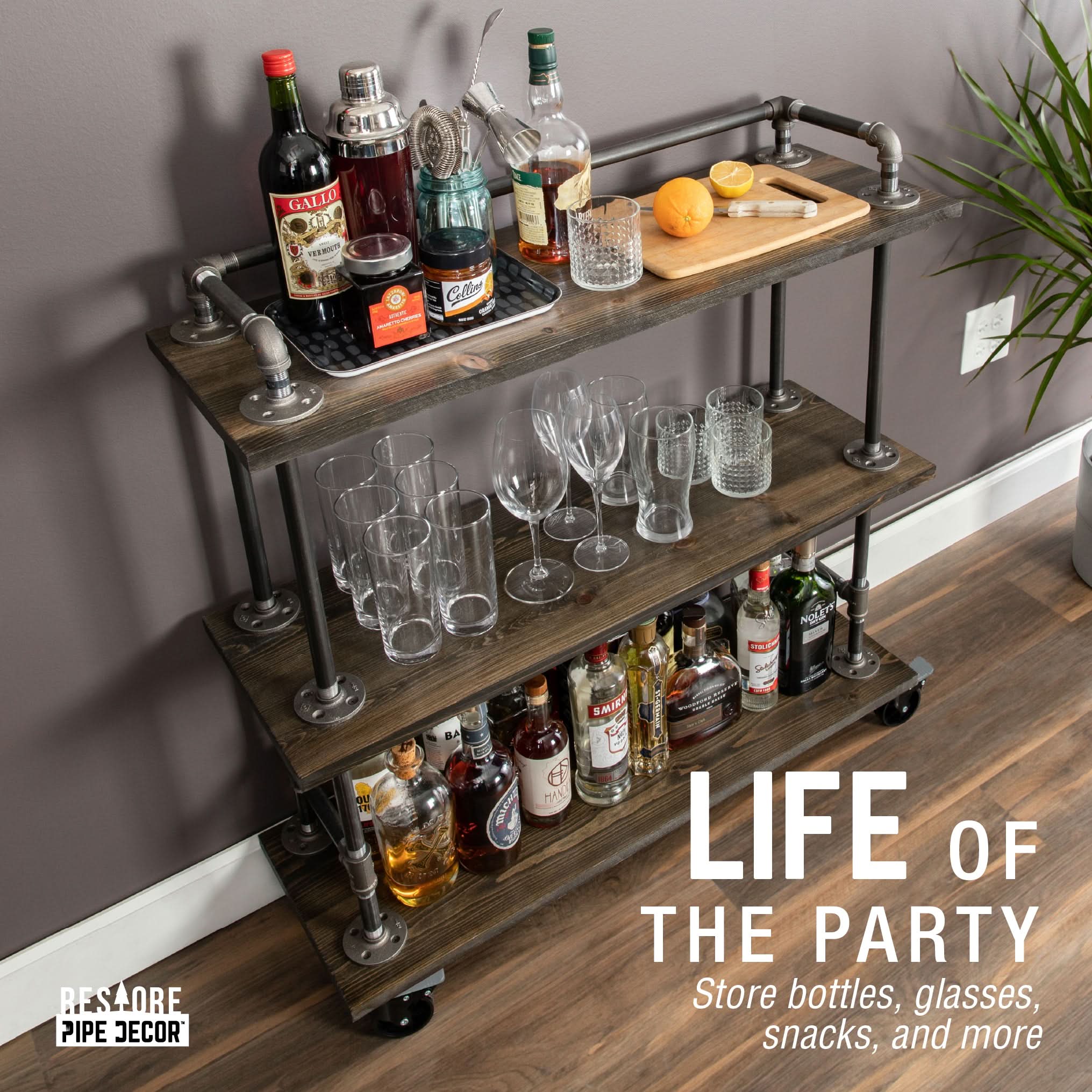 Three-tier Wood Shelf Industrial Bar Cart with Locking Wheels, Boulder Black
