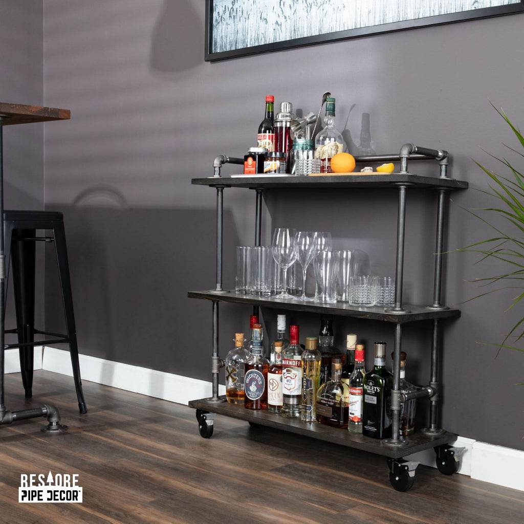 Three-tier Wood Shelf Industrial Bar Cart with Locking Wheels, Boulder Black