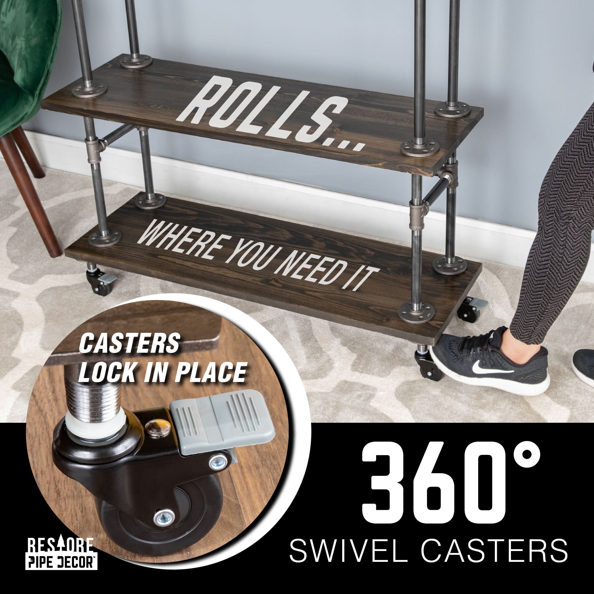 Three-tier Wood Shelf Industrial Bar Cart with Locking Wheels, Boulder Black