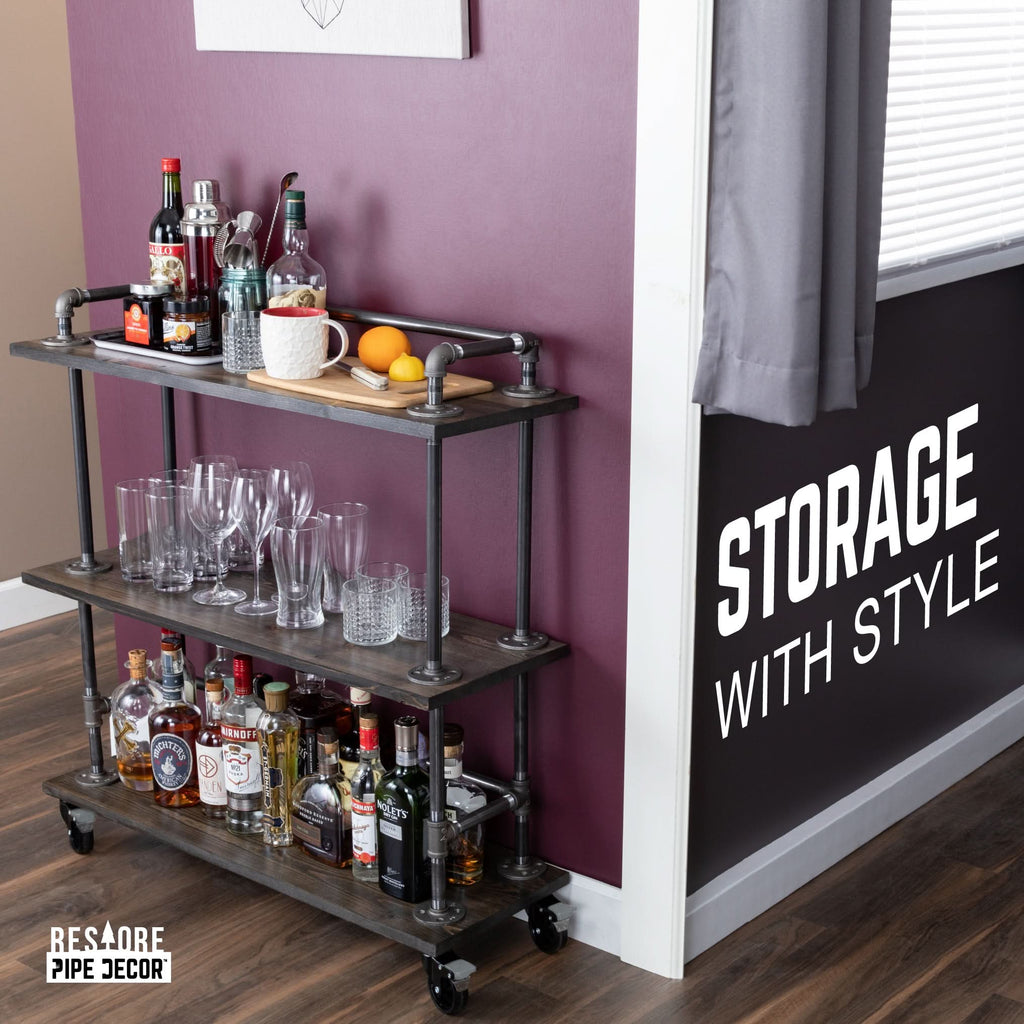 Three-tier Wood Shelf Industrial Bar Cart with Locking Wheels, Boulder Black