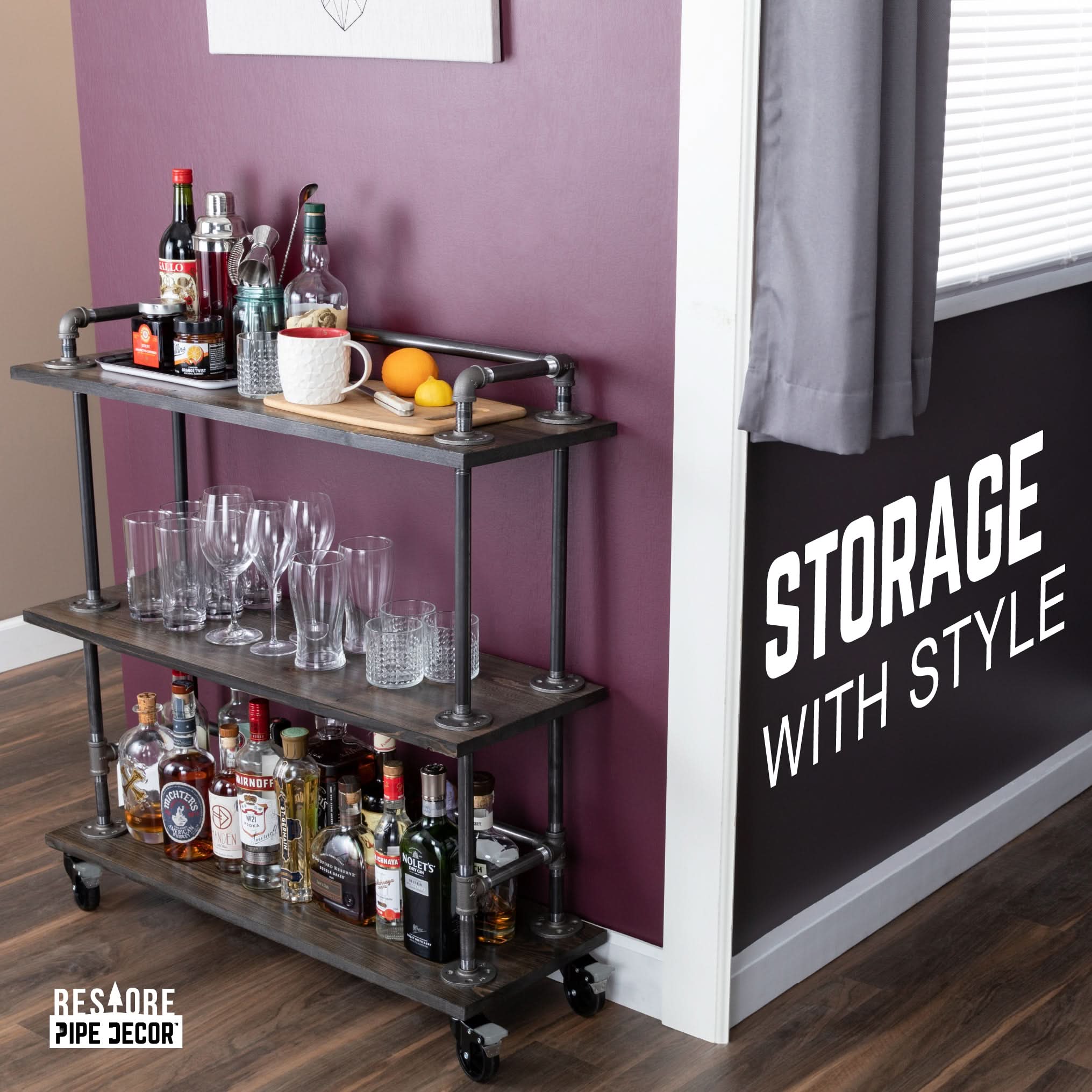 Three-tier Wood Shelf Industrial Bar Cart with Locking Wheels, Boulder Black