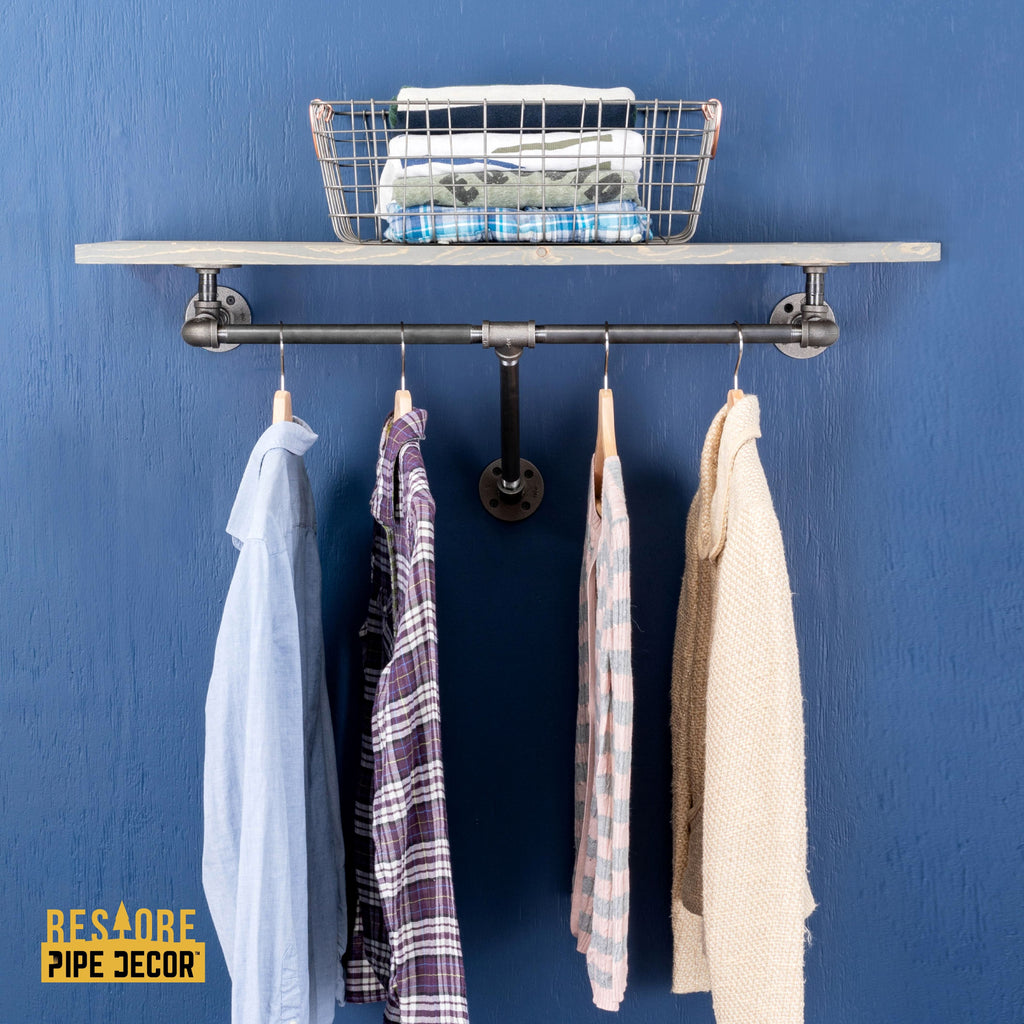 24 in. Wall Mounted Clothing Rack with Wood Shelf, Riverstone Grey
