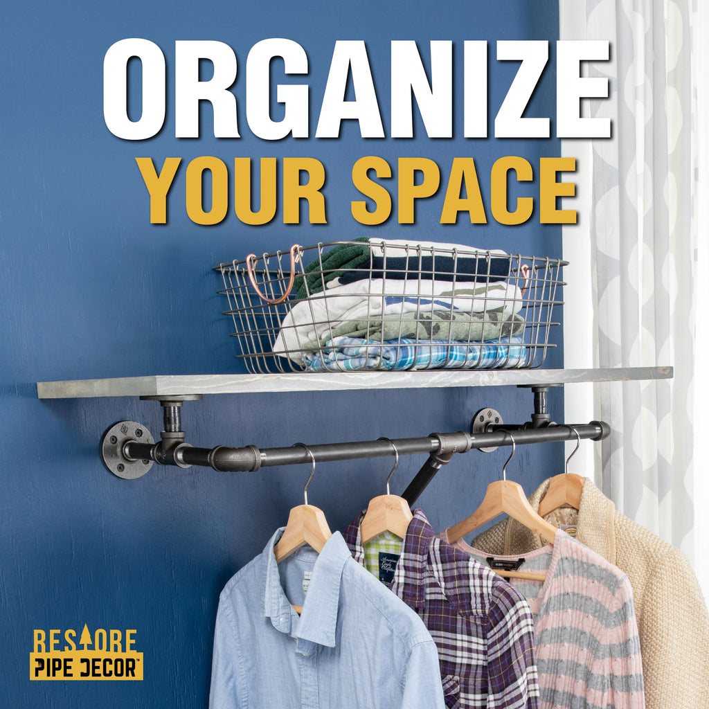 24 in. Wall Mounted Clothing Rack with Wood Shelf, Riverstone Grey