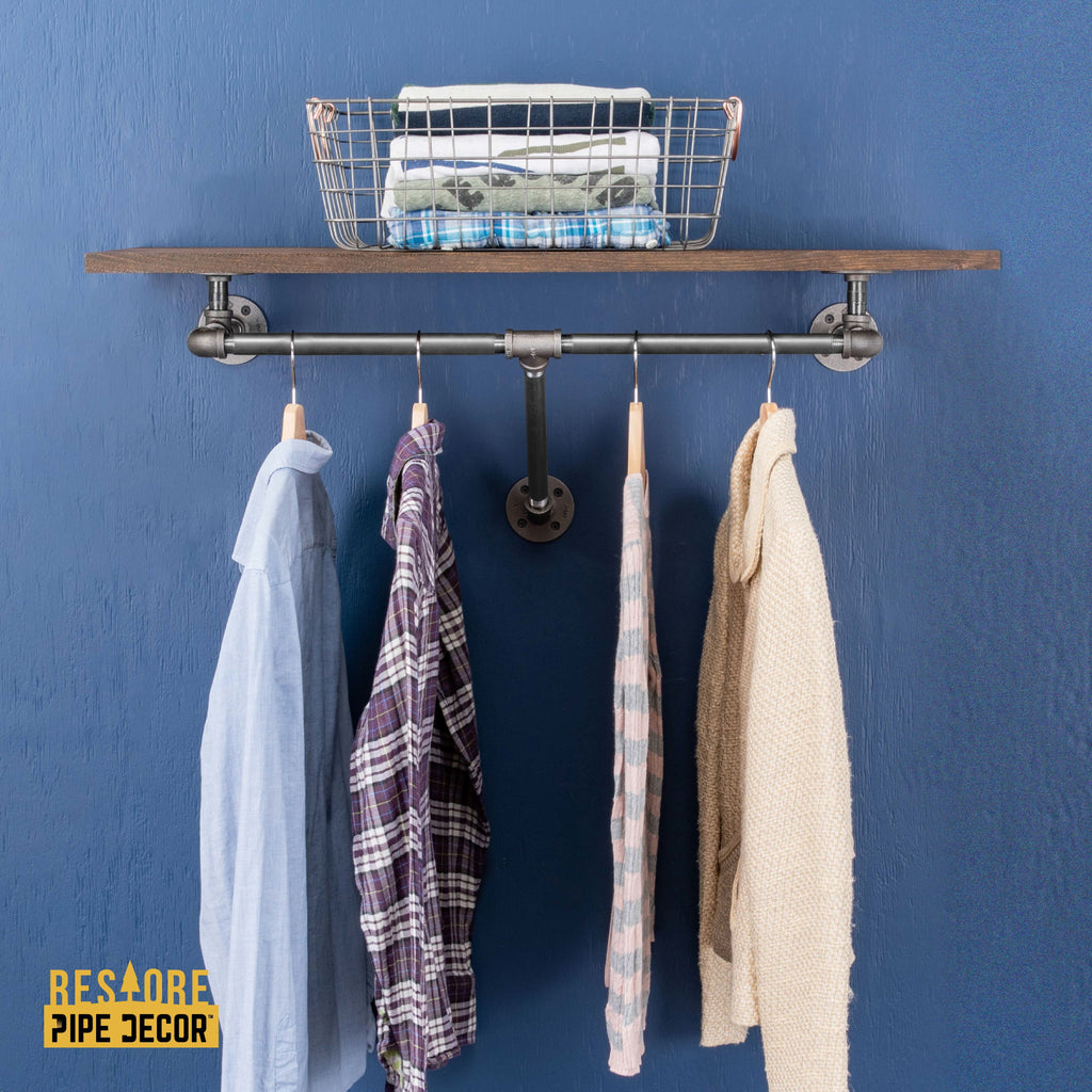36 in. Wall Mounted Clothing Rack with Wood Shelf, Boulder Black