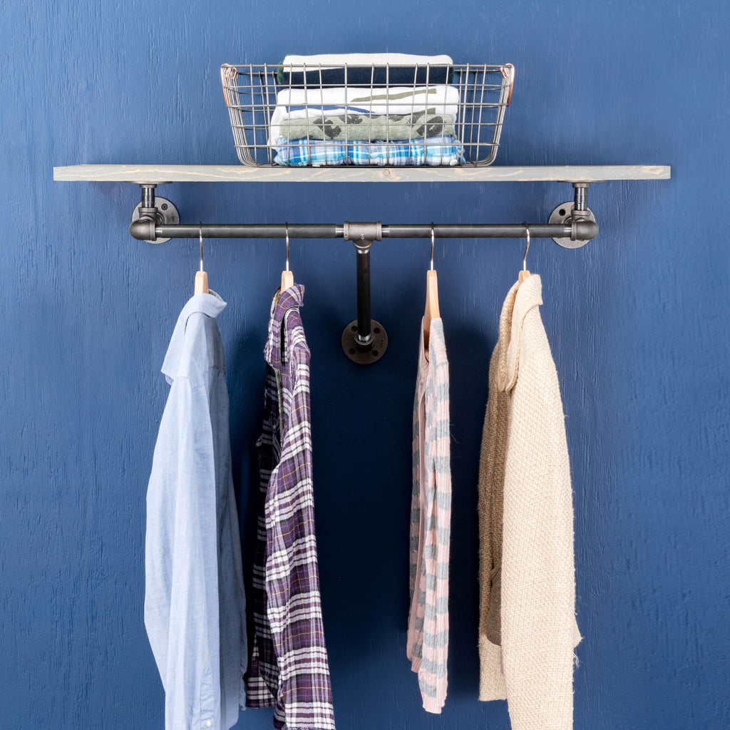 36 in. Wall Mounted Clothing Rack with Wood Shelf, Riverstone Grey