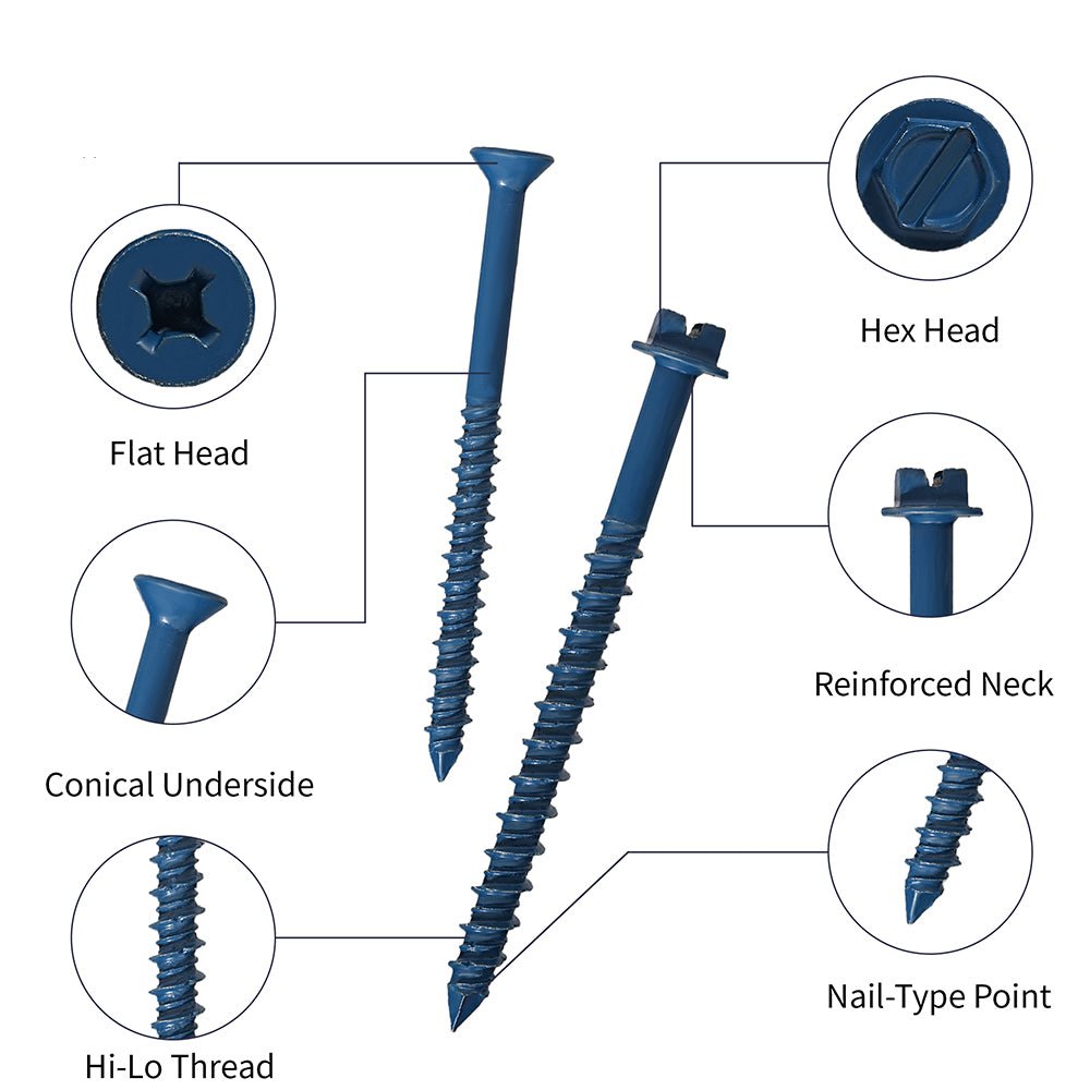 230x Phillips Flat & Slotted Hex Washer Head Concrete Screws 1/4″ and 3/16″ Blue