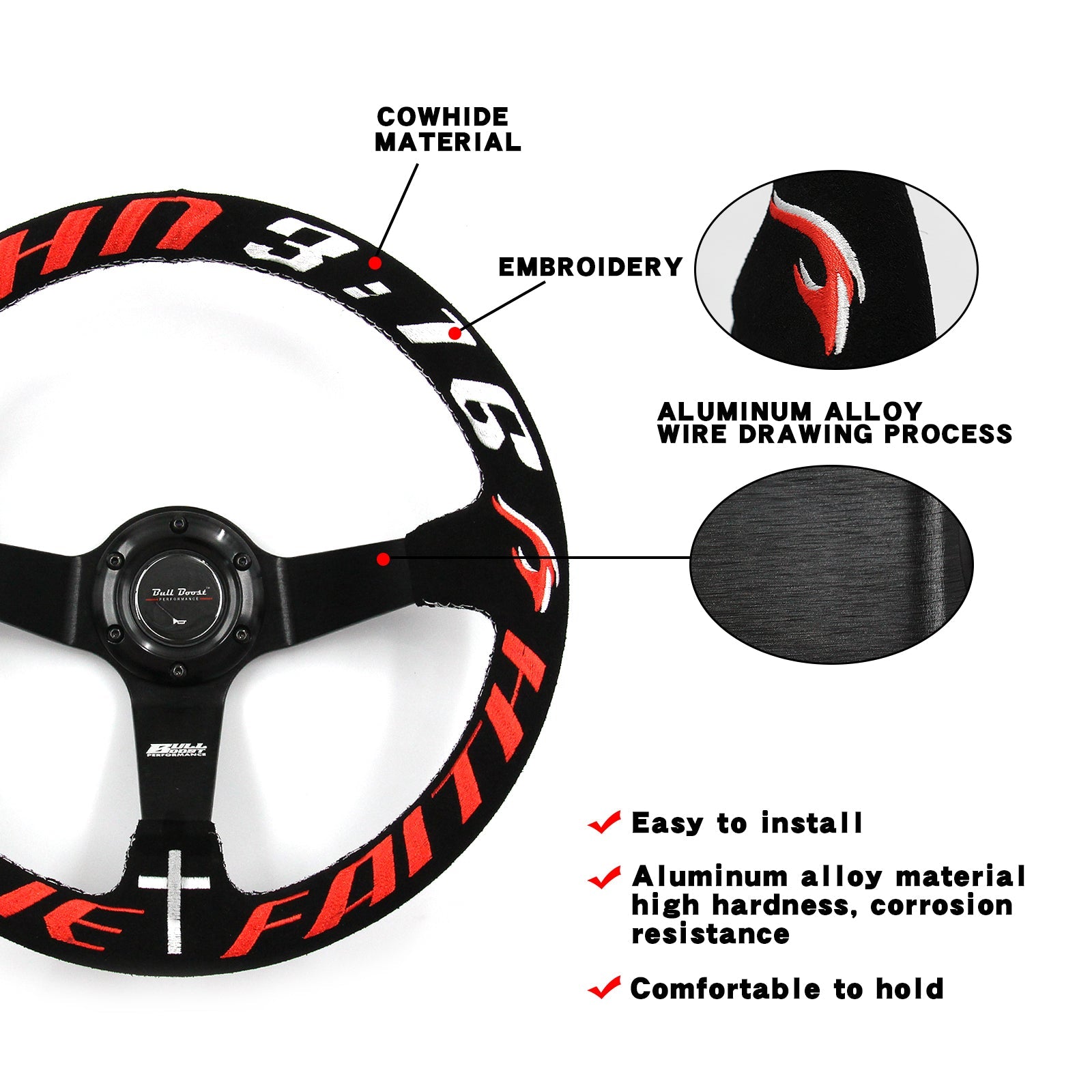 Universal 350mm 3"Deep Dish 6-Bolt Steering Wheel Black Suede Have Faith