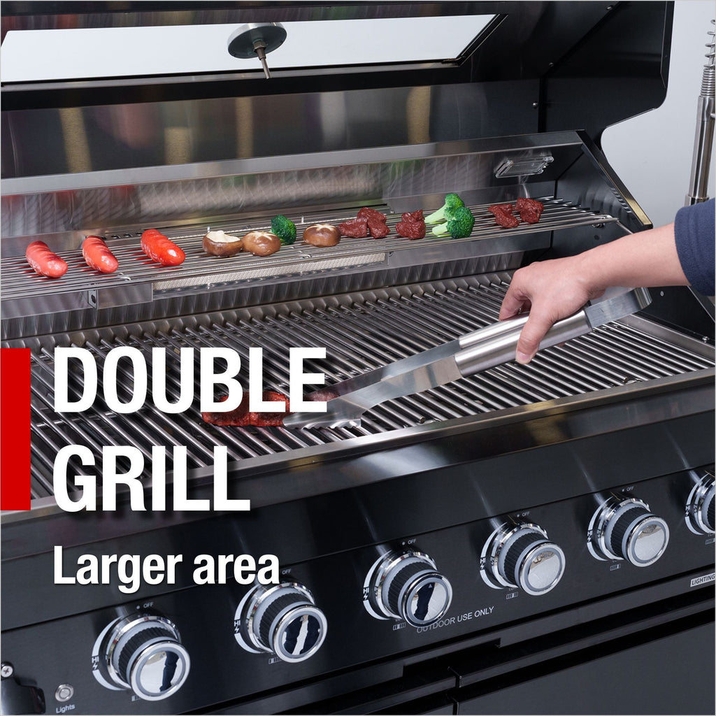 NG 85" 6-Burner 85,000 BTU Black Outdoor Kitchen Island Grill Refrigerator + Rotisserie Kit + Sink