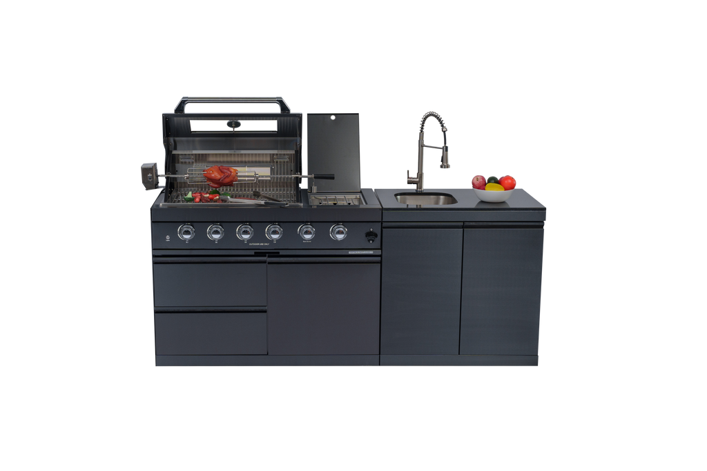 79" 4-Burner 72,000 BTU Black Outdoor Kitchen Island Grill + Side Burner + Rotisserie kit +Sink