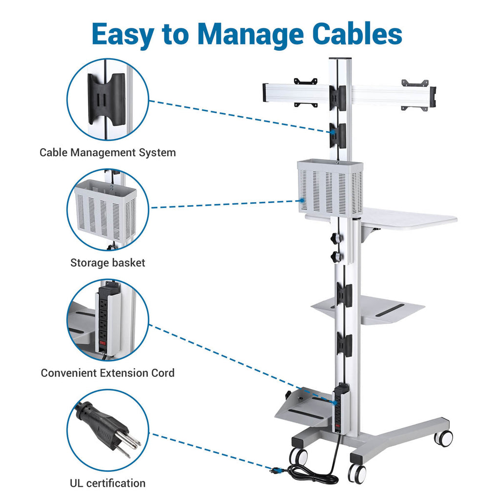 Yescom NexusX Dual-Monitor Rolling Computer Cart w/ Locking Metal Drawer